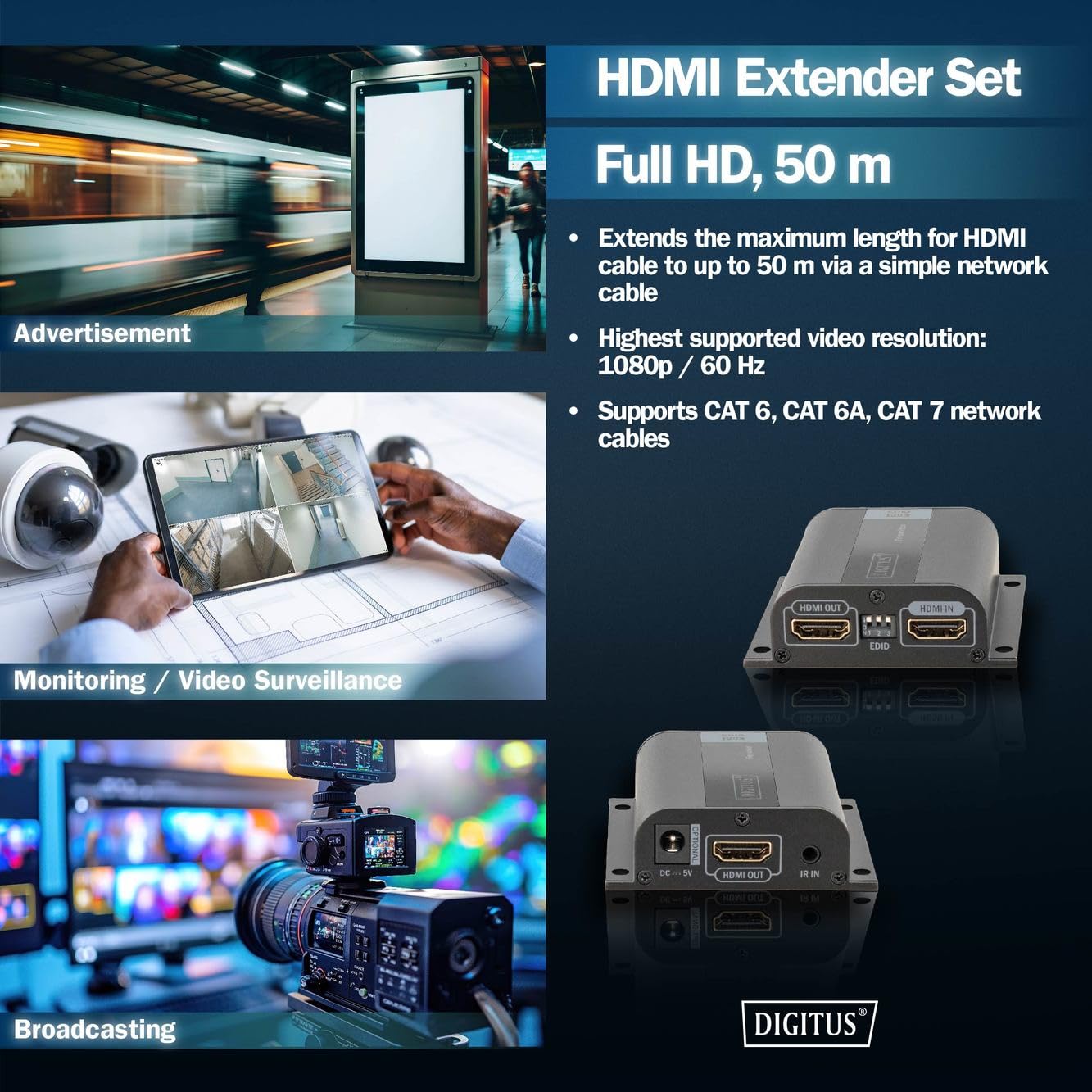 DIGITUS DS-55100-1 Estensore HDMI Full HD 1080p 60 Hz 50 m cavo LAN Set Trasmettitore Ricevitore Loop-Out IR HDCP 1.2a