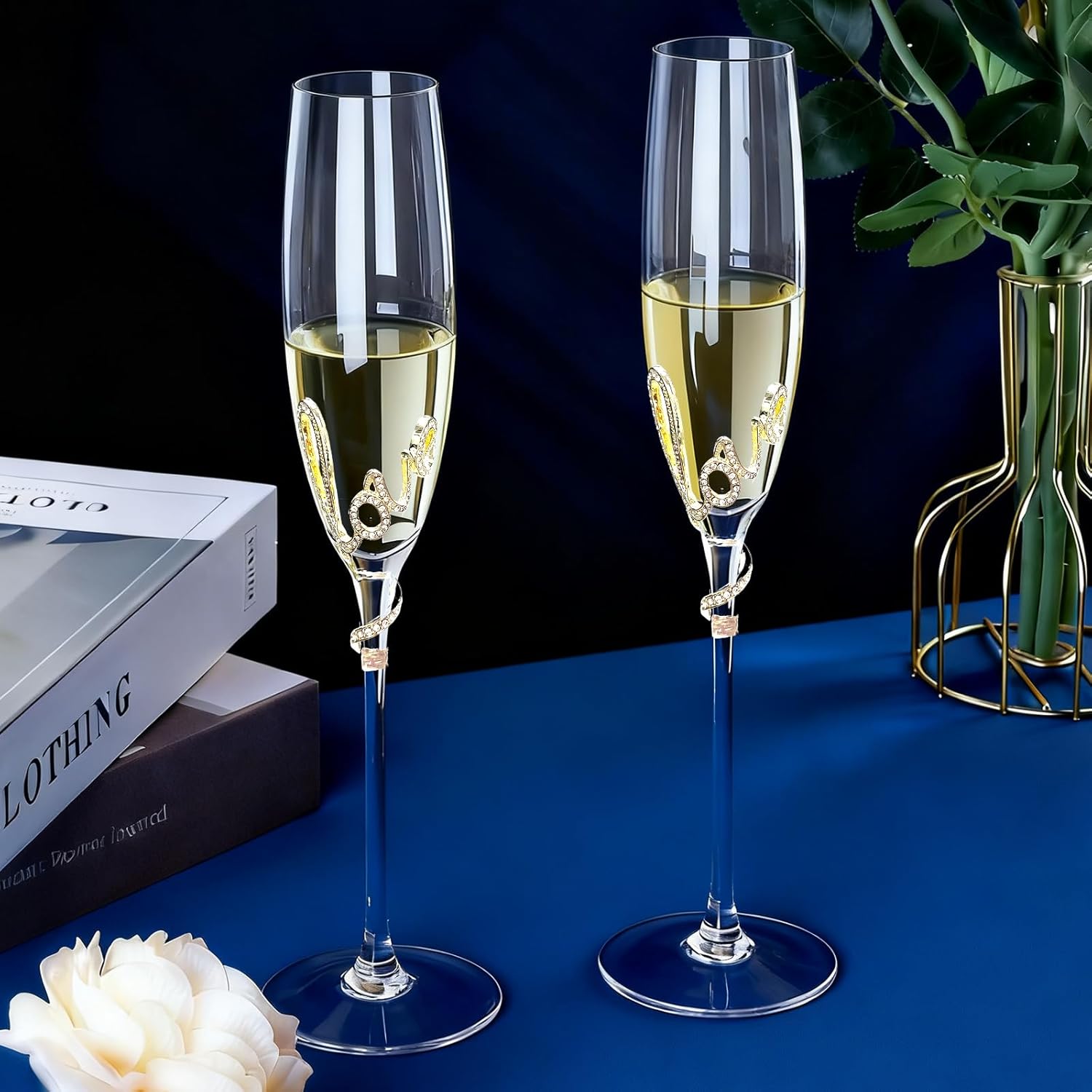 Gold Champagne Flutes - Set of 2 Hand Blown Champagne Glasses wtih Metal Accent LOVE- Gifts for Birthday,Wedding, Mother’s Day - 6 oz (Chic, Gold) - Image 5