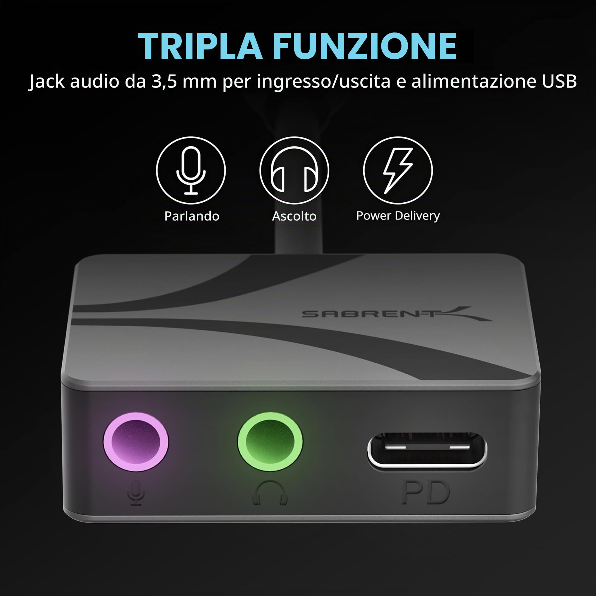 SABRENT Adattatore audio da USB di tipo C a 3,5 mm con PD da 100 W, scheda audio esterna USB C per cuffie, microfono, altoparlanti, uscita stereo, 24 bit, 96 KHz, compatibile con laptop, tablet