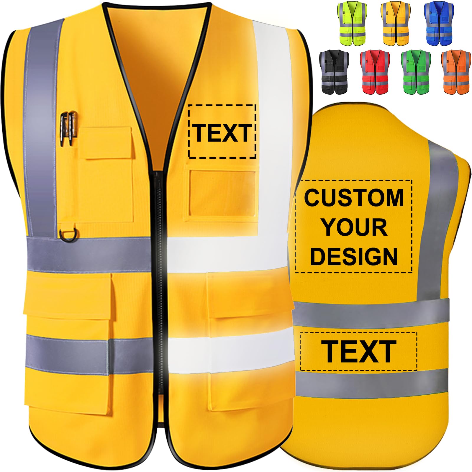 Custom Safety Vest High Visibility Reflective Personalized Vests with Logo Photo Pocket Zipper Customize Class 2 for Men Work