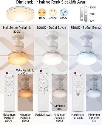 Lodos Rozanslı Ledli Tavan Vantilatörü - 6750 Lümen Dim Edilebilir Işık, 3 Renk Işık (6400K/4000K/3200K), Gizli Tavan Braketi Montajlı (E27 Duylu Değildir), 2h/4h Zaman Ayarlı, Uzaktan Kumandalı [Enerji Sınıfı F]