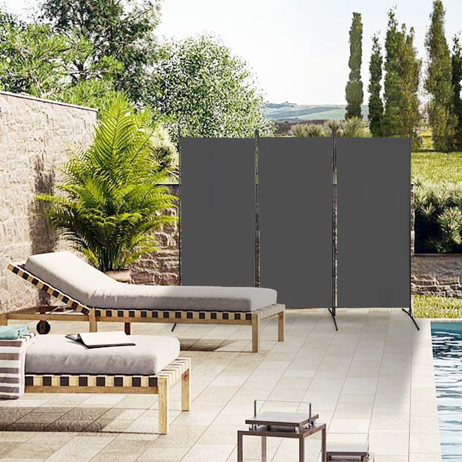 Paravent 3 Panneaux 260 x 180 cm, Brise-Vue Gris Foncé | Paravent autoportant et brise-vue pour intérieur, jardin, balcon, terrasse, bureau, salle de bain et cabine d’essayage.