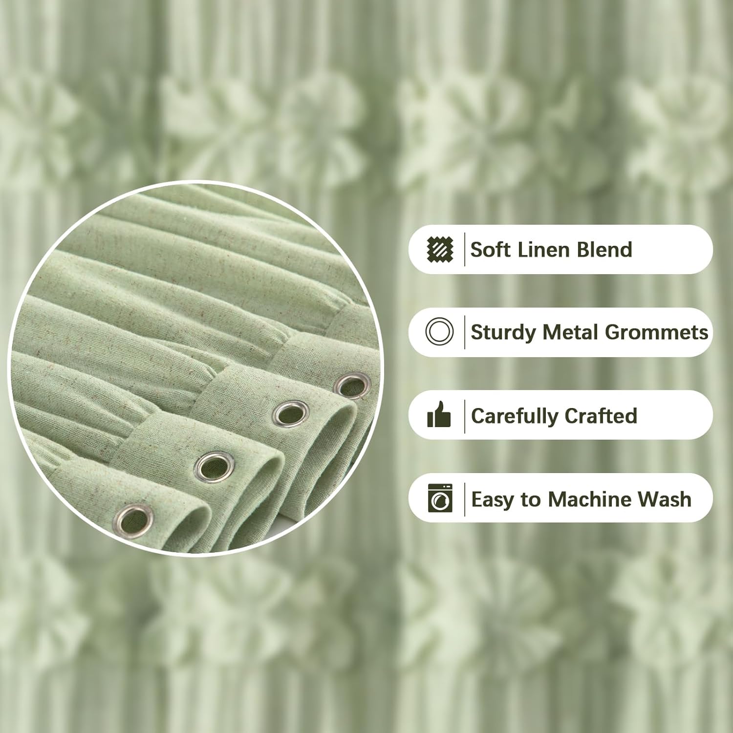 Ruffle Shower Curtain with Handmade Bow Tie, Green Linen Vintage Farmhouse Shower Curtain for Bathroom, 72" W x 72" H