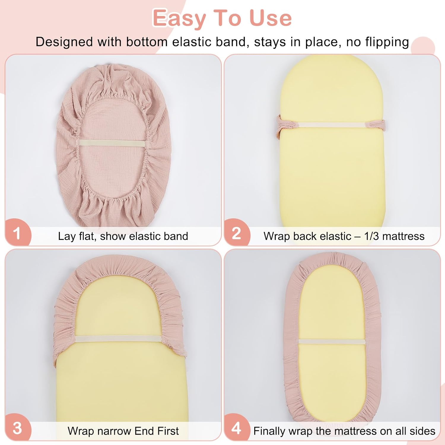 Basumee Muslin Bassinet Sheets for Baby Girl Boy 2 Pack Soft Breathable Baby Bedside Bassinet Fitted Sheets with Bottom Elastic Band Mattress Cover for Rectangle Oval Hourglass Bassinets - Image 6