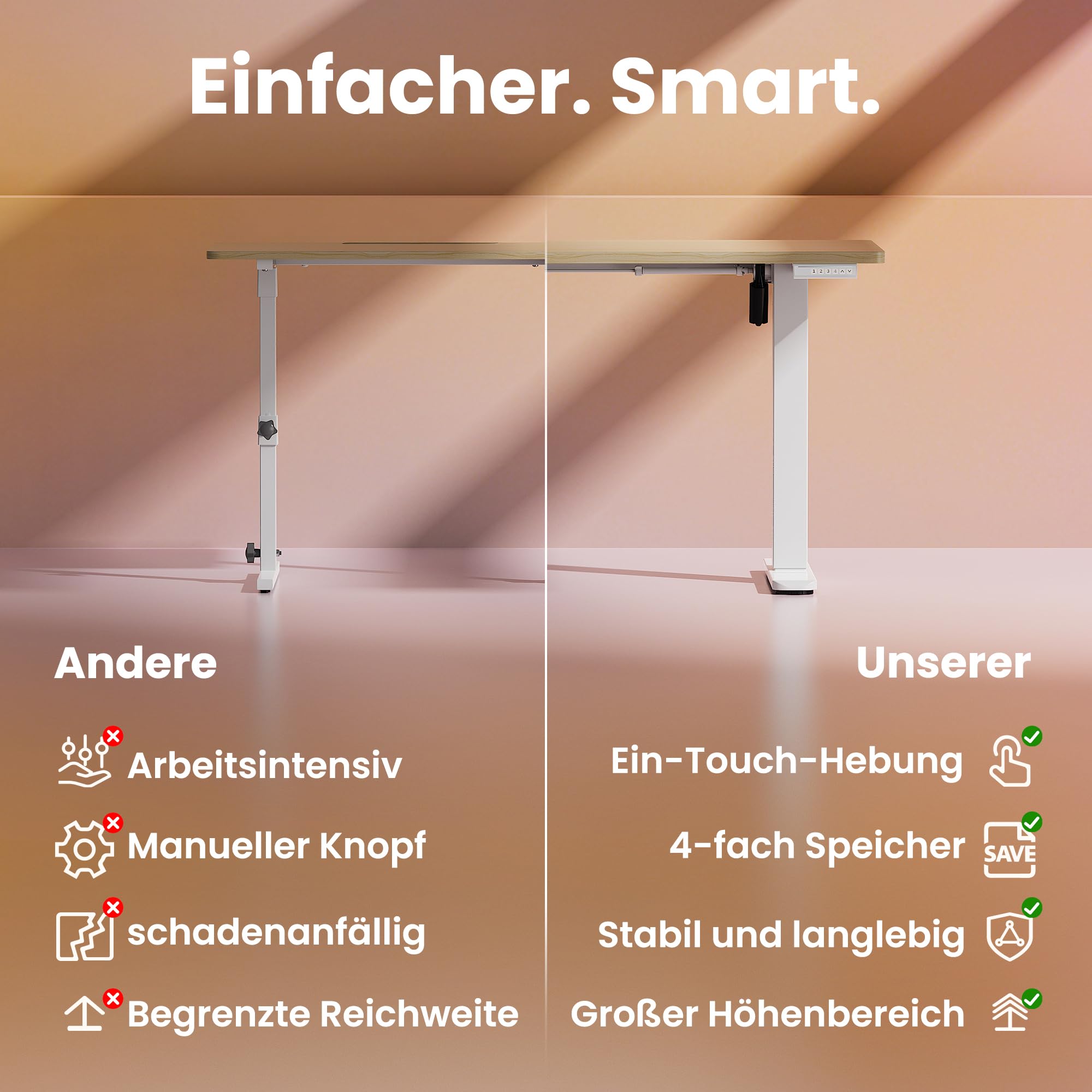 HUANUO Höhenverstellbarer Schreibtisch 80 x 48 cm, 4 Speicherhöheneinstellungen, Elektrischer Schreibtisch für Home Office & Computer-Arbeitsplatz