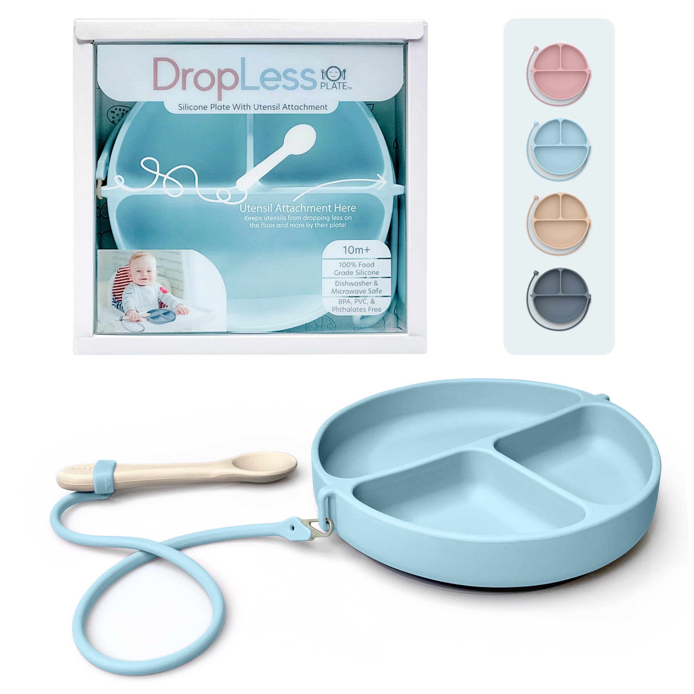 DropLess Plate, Silicone Suction Plates for Baby With Utensil Attachment, Toddler Plates, Baby Plates With Suction, Promotes Self Feeding, BPA & Toxic Free, Dishwasher & Microwave Safe Baby Dishes