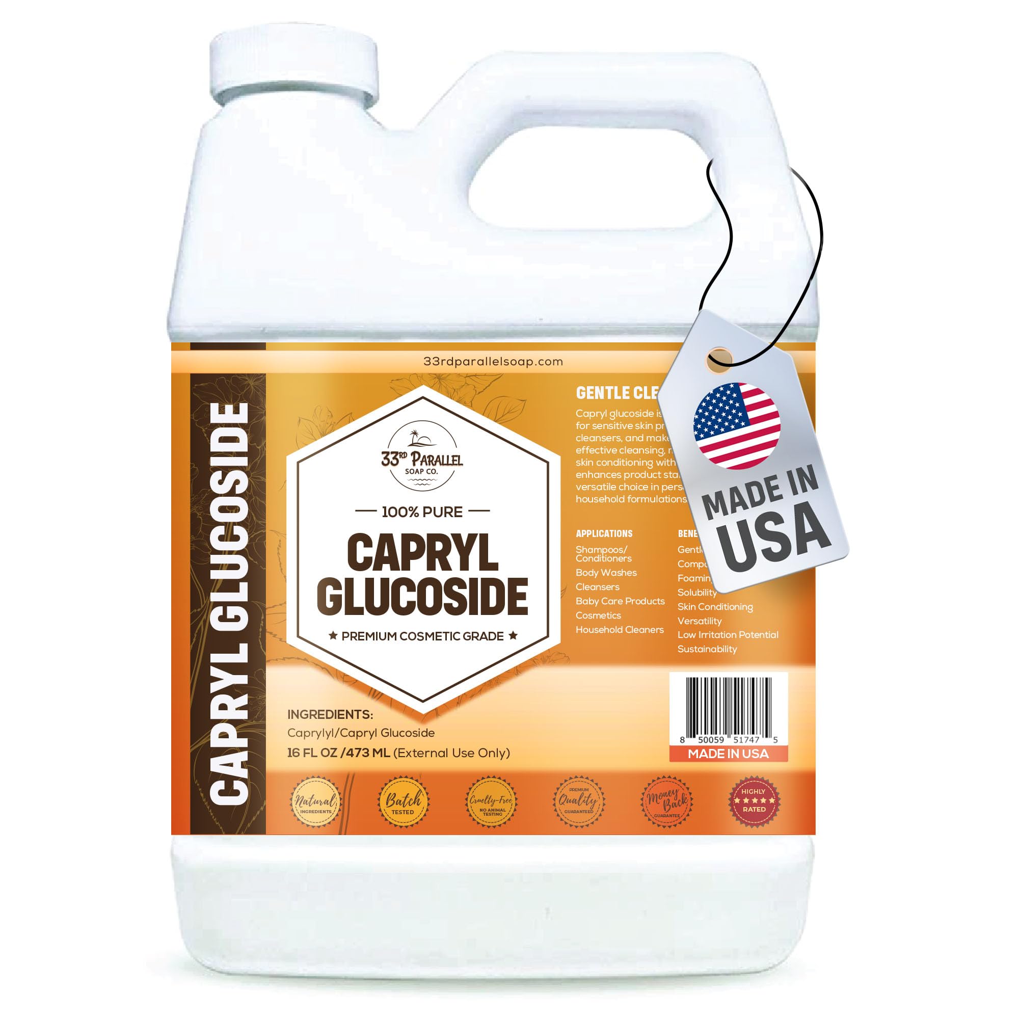 33RD PARALLEL SOAP CO. Capryl Glucoside Liquid Surfactant (16 oz) - Caprylyl Natural, Plant Derived, DIY Skin Care - Facial Cleansers, Body Washes,