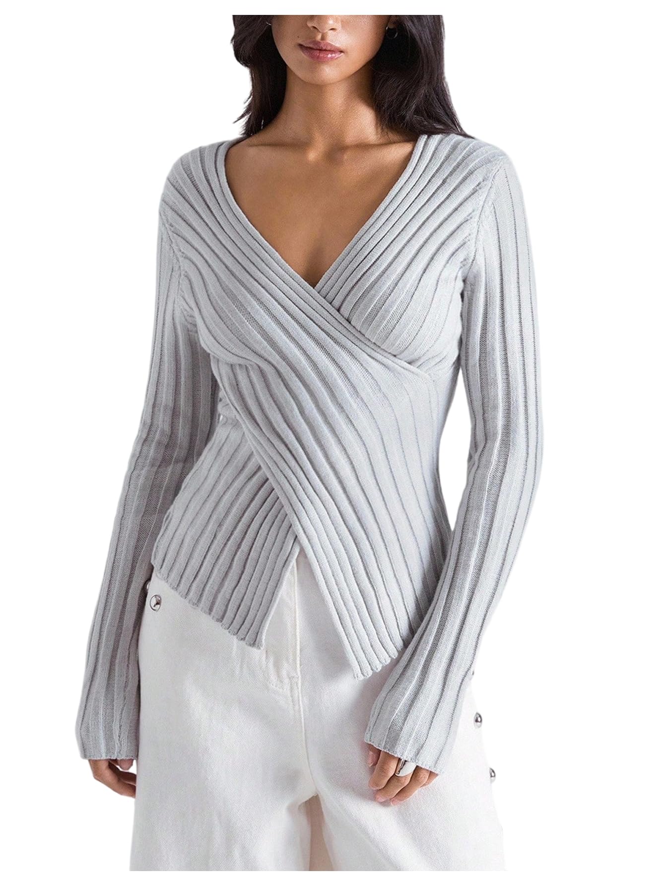 Milumia Womens Casual V Neck Long Sleeve Sweater Cross Wrap Ribbed Knit Going Out Tops