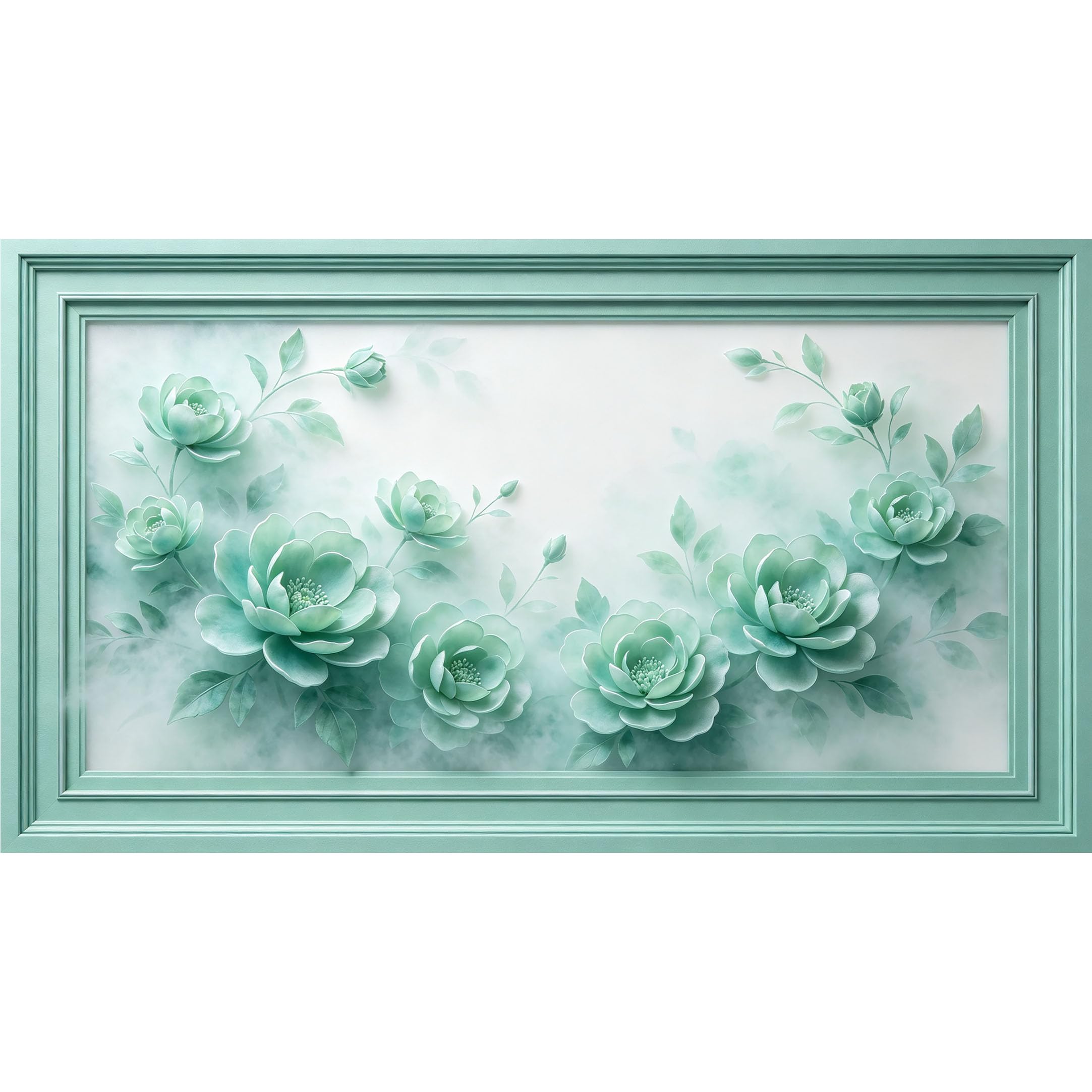 QZLITHOTIC 50×90cm3D Framed Wall Art， Mint Green Floral Botanical Watercolor Self?Adhesive Mural， Water?Activated Peel & Stick Fabric Decor Wall Decal for Bedroom Living Room