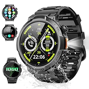Reloj Inteligente Hombre con Linterna, 1.53'' Militar Smartwatch con Batería de 1000mAh, IP68 Reloj Deportivo con Llamadas Bluetooth/Monitor de Sueño/Pulsómetro, 100+Modos Deportivos para Android iOS