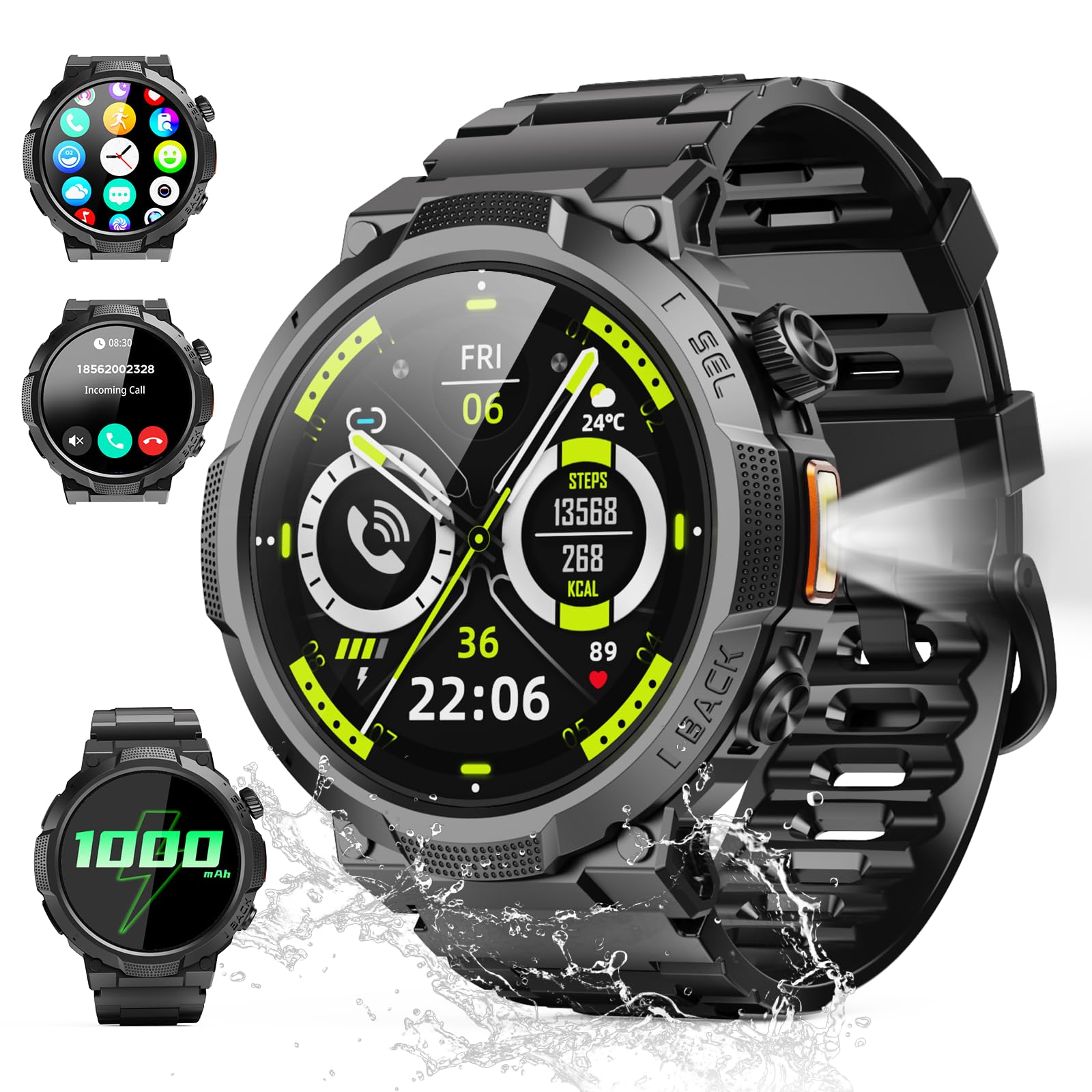 Smartwatch Herren Damen, 1.53" HD 1000mAh Militär Smart Watch mit Telefonfunktion, 100+Sportmodi Fitnessuhr Tracker, IP68 Wasserdicht Sportuhr, Herzfrequenz Schlafmonitor Schrittzähler Android iOS
