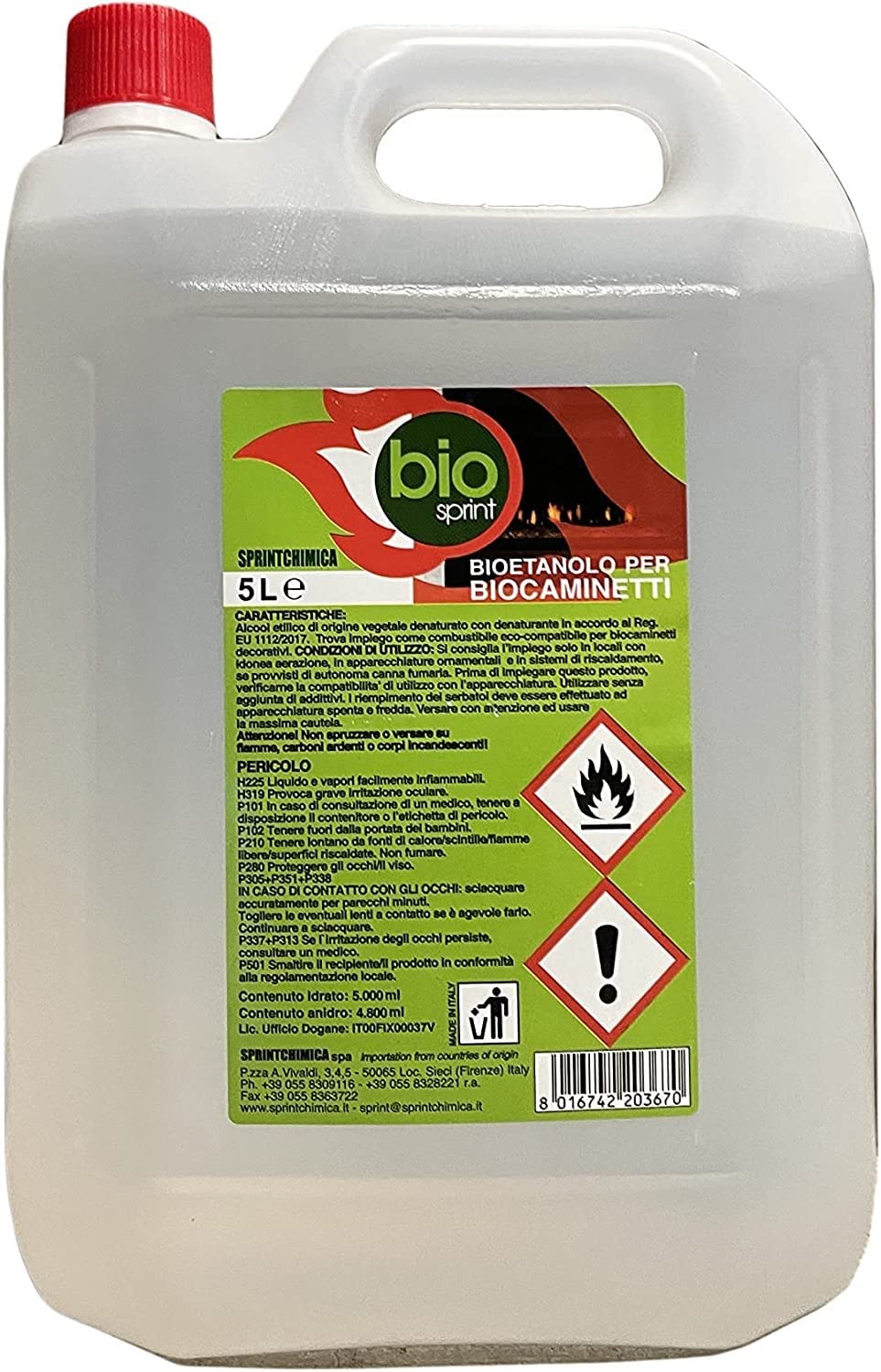 4x5 latte Bioetanolo combustibile stufe Bio Sprint 5 lt 99,9% inodore no fumo naturale no zolfo