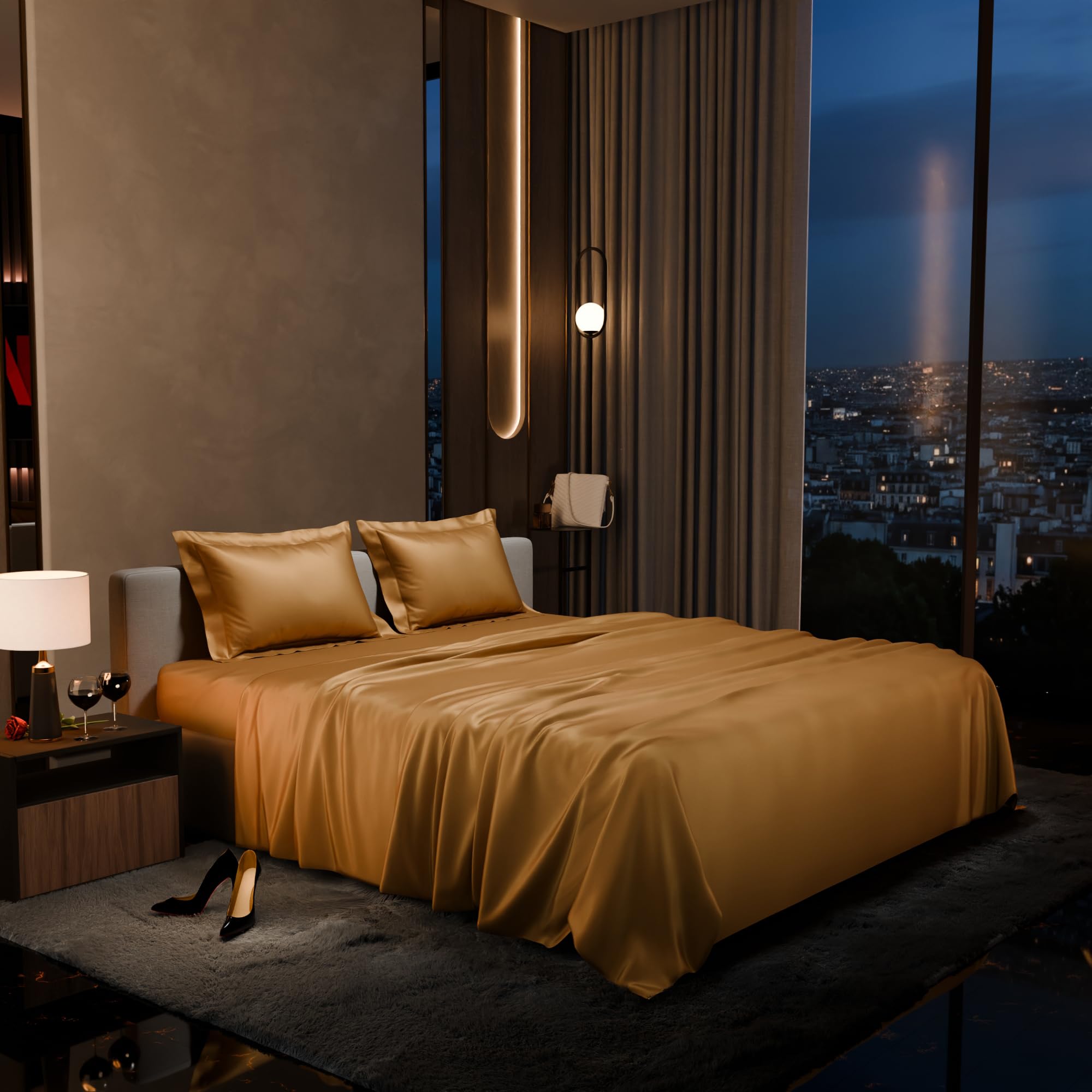 Stoa Paris Satin Bedsheet King Size with 2 Pillow Covers, 300TC Premium Bedsheets King Size, Home Decor, Ultimate Comfort, 274 cm x 228 cm, Date Night - Eternal Glow