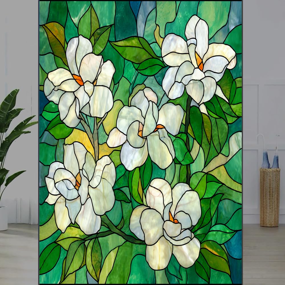 FOCCAFB Magnolia Bouquet Stained Glass Window Film, Vintage Floral Classic Peel and Stick Privacy Film, Frosted Adhesive Vinyl Decorative for Bathroom Windows Glass Doors, （55x120cm）