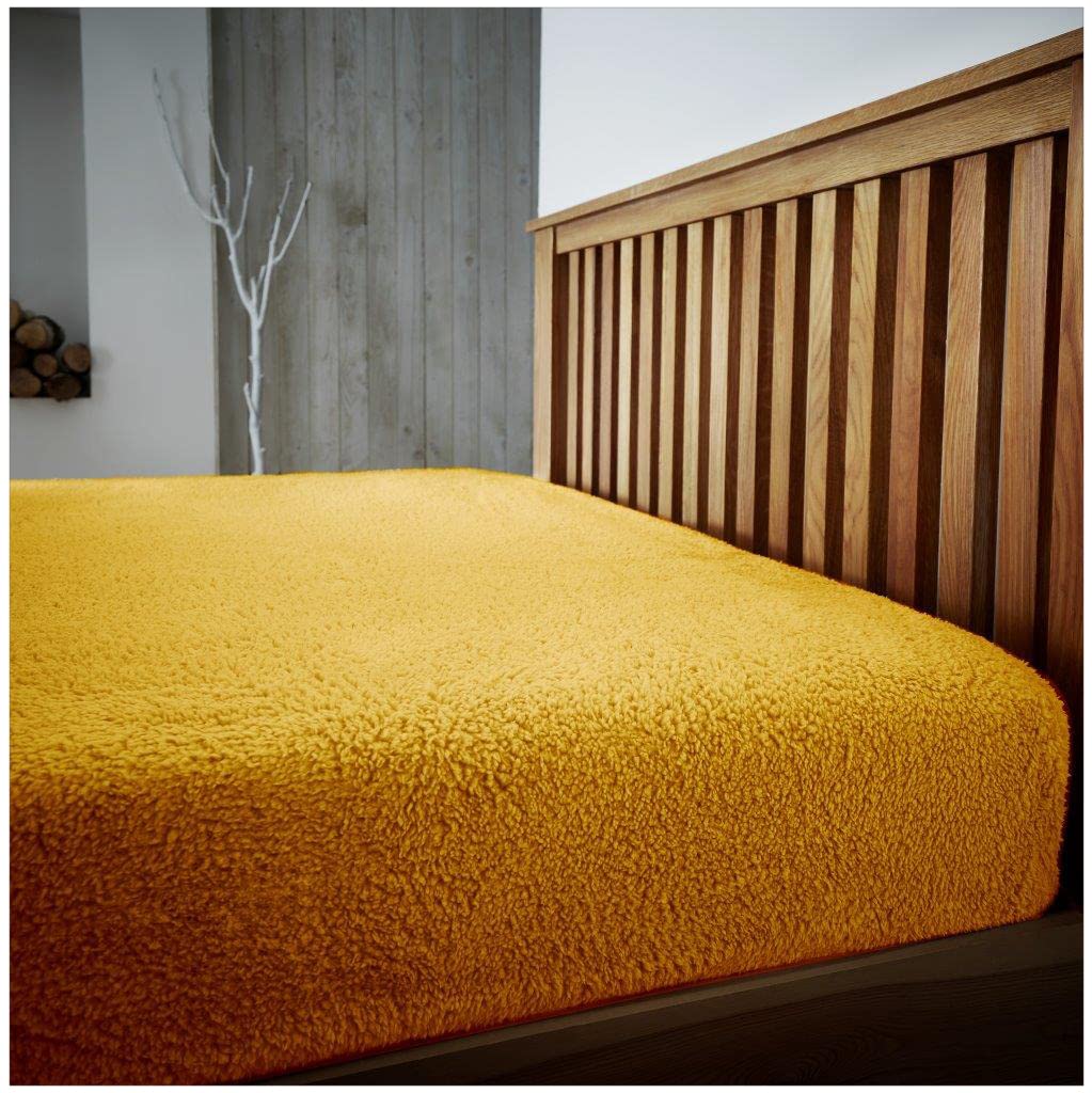 Luxury Teddy Fleece Fitted Sheet, Warm & Cosy Bed Linen Fluffy Plain Bedding Super Soft Kingsize Bedsheet, Ochre