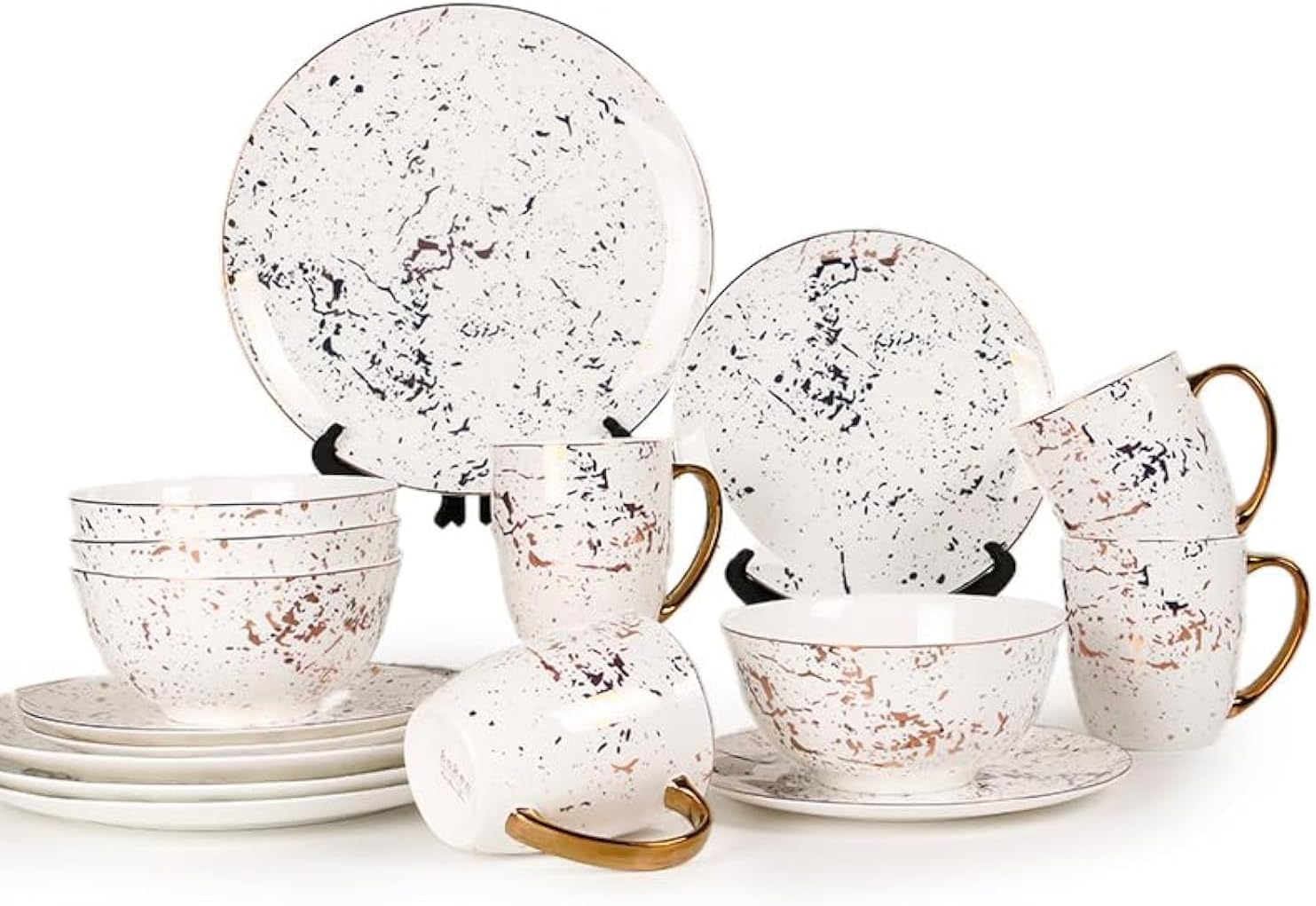 KOKEN - Plates and Bowls Sets for 4, Dinnerware Sets 16 Pc, Ceramic Dish Set, Round Dinner Set with Mugs, Dishwasher Microwave Safe, kitchen sets, Dishes set for 4 Christmas (Gold Christmas dinner)