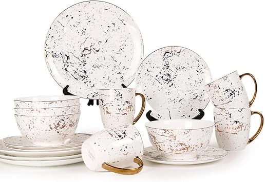 KOKEN - Plates and Bowls Sets for 4, Dinnerware Sets 16 Pc, Ceramic Dish Set, Round Dinner Set with Mugs, Dishwasher Microwave Safe, kitchen sets, Dishes set for 4 Christmas Gold Christmas dinner