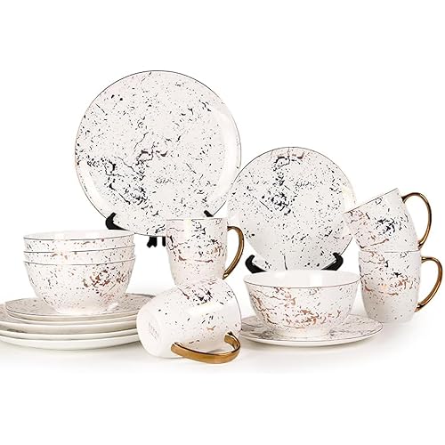 KOKEN - Plates and Bowls Sets for 4, Dinnerware Sets 16 Pc, Ceramic Dish Set, Round Dinner Set with Mugs, Dishwasher Microwave Safe, kitchen sets, Dishes set for 4 Christmas (Gold Christmas dinner)