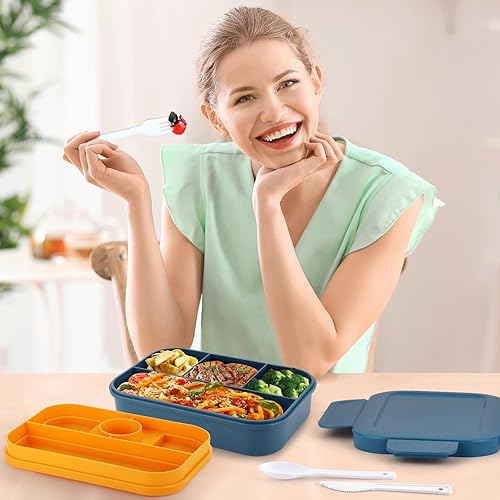 Miniatura 6 de Lonchera Bento Box de 68 onzas para adultos y niños, lonchera japonesa apilable con 8 compartimentos, caja a prueba de fugas con juego de cubiertos,