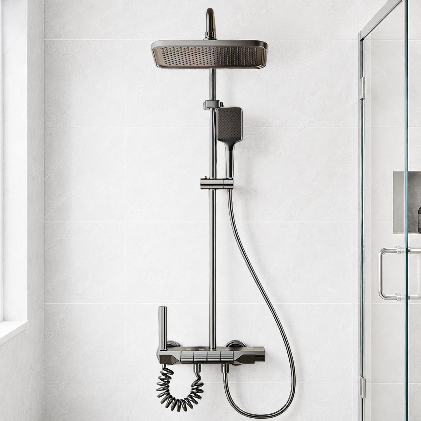 Duscharmatur Komplettset Klavierknöpfe 4 Arten von Wasserauslässen, Regendusche mit Höhenverstellbare Duschstange 85-110cm, Eckiger Kopfbrause Duschsystem für Badezimmer, Grau