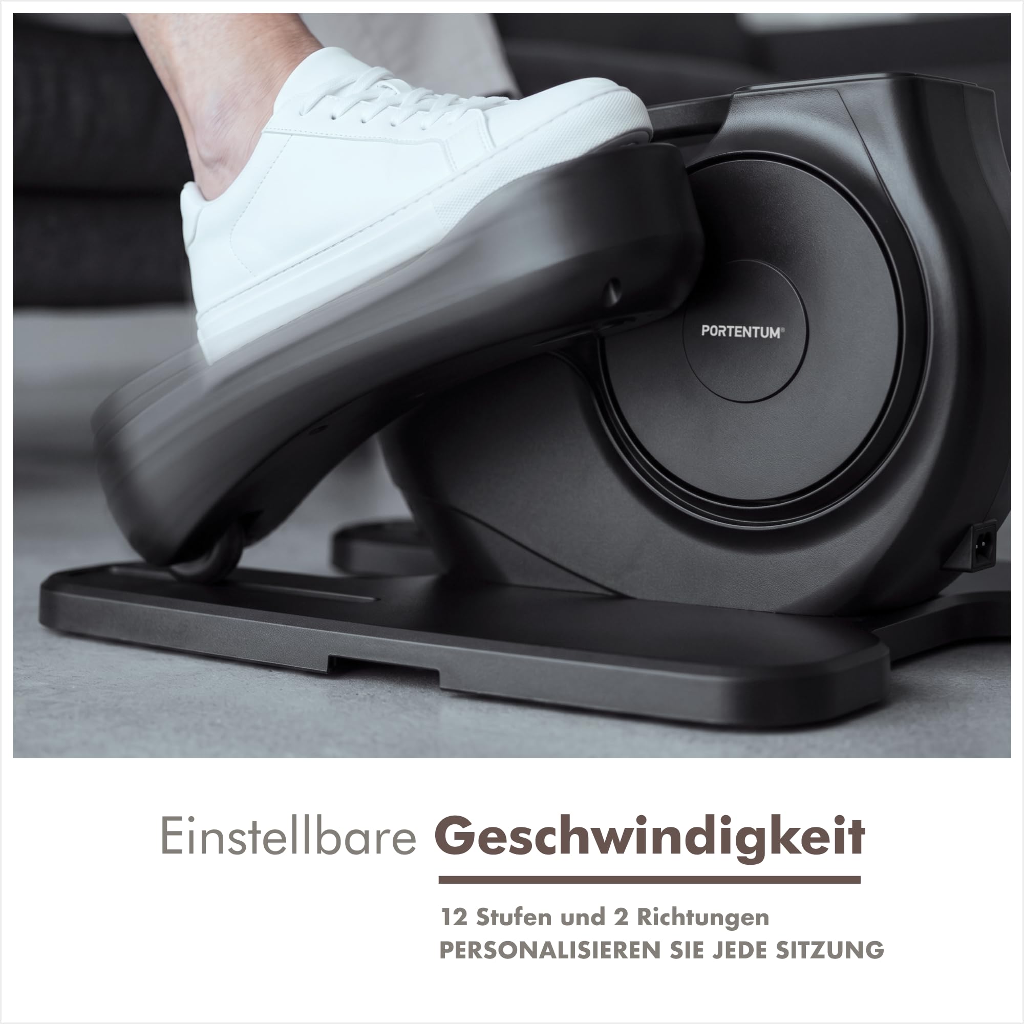 PORTENTUM Mini Ellipsentrainer elektrisch mit Widerstandsbändern – Matte und Schlaufen – Pedaltrainer für Senioren automatisch und manuell mit 12 Geschwindigkeiten – Fernbedienung – Kompakt für Büro