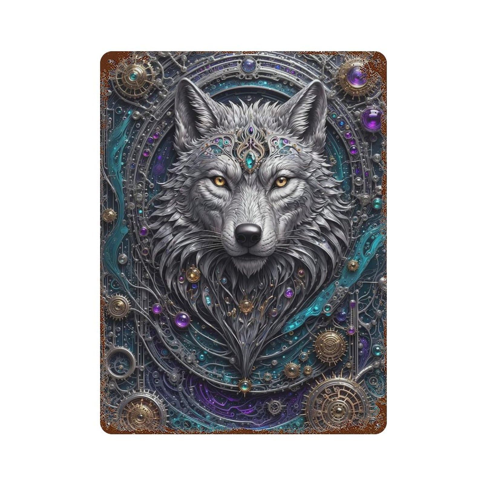 Cybernetic Wolf Head Vintage Metal Tin Sign 15.7"x11.8", Rustic Home Decor for Garage, Bar And Workshop Decor
