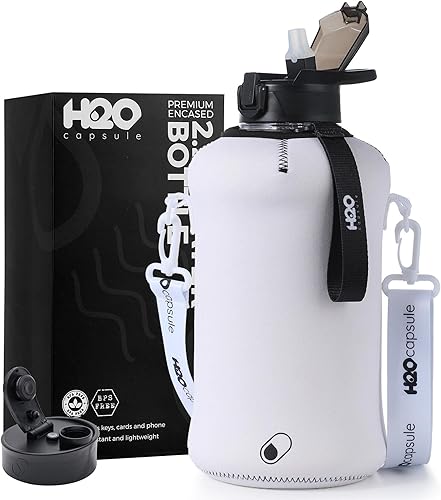 H2O Capsule - Botella de agua de medio galón, con funda de almacenamiento y pajilla cubierta, contenedor grande con asa para bebidas, reutilizable,
