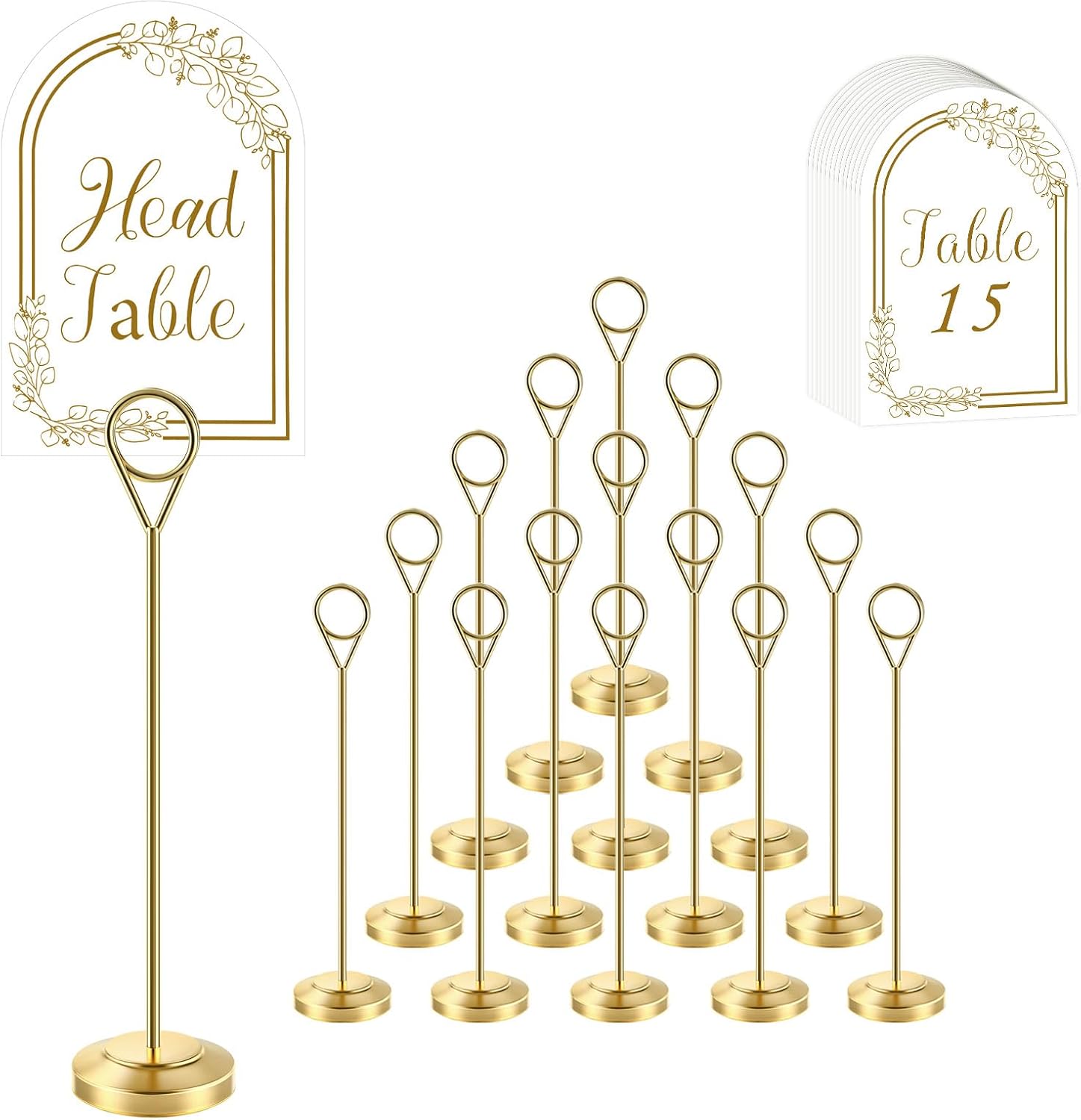 Radezon 16 PCS Gold Table Number Holders With Table Numbers 1-15 & Head Table Card, 8" Weighted Base Place Card Holders for Outdoor Wedding, Windproof Sturdy Metal Photo Stands for Reception Tables