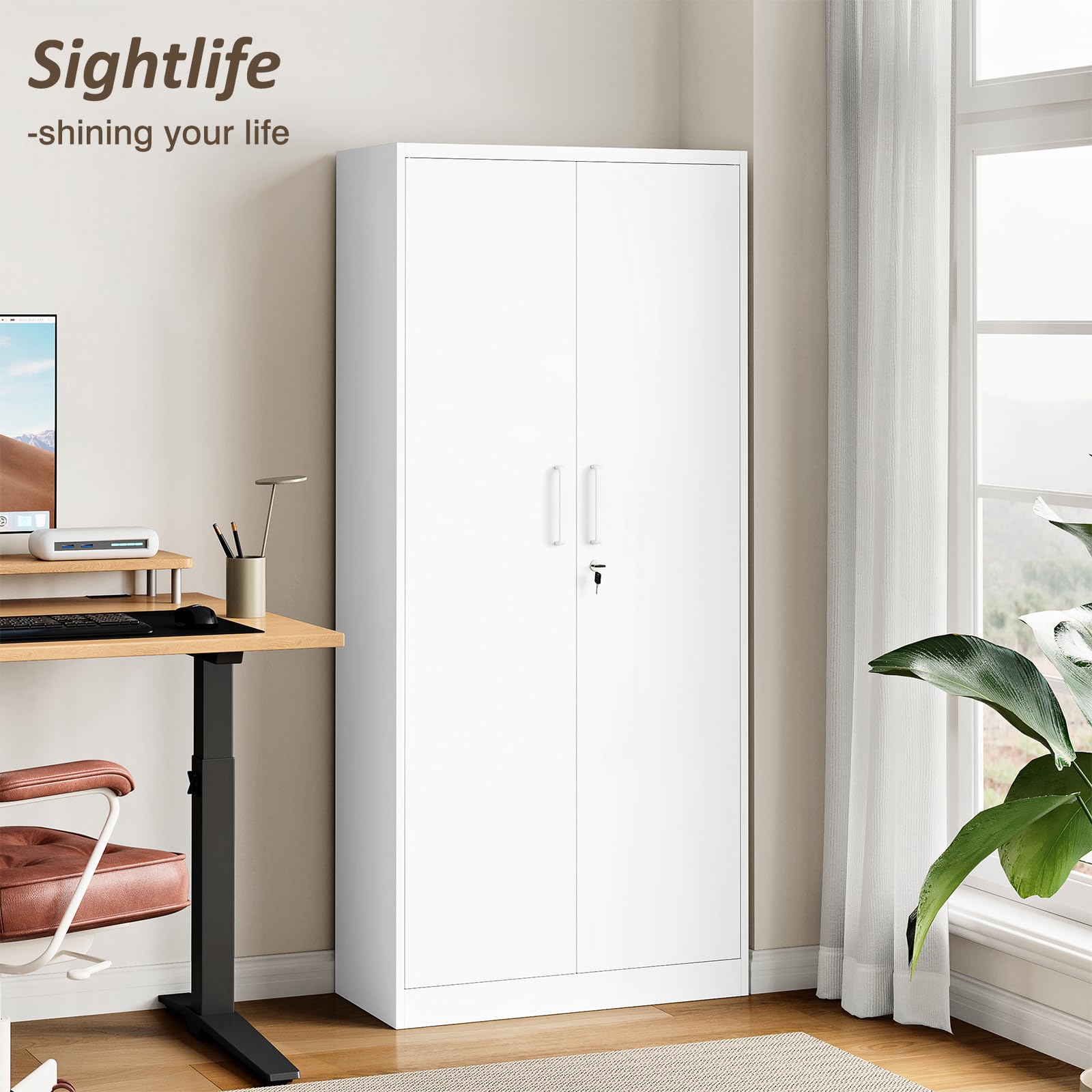 Sightlife Armadio Ufficio in Metallo a 5 Ripiani con 2 Ante, Armadio Garage con Serratura a Chiave, Ripiani Regolabili, L78 x P39 x A170 cm (bianca, 78_x_170_cm)
