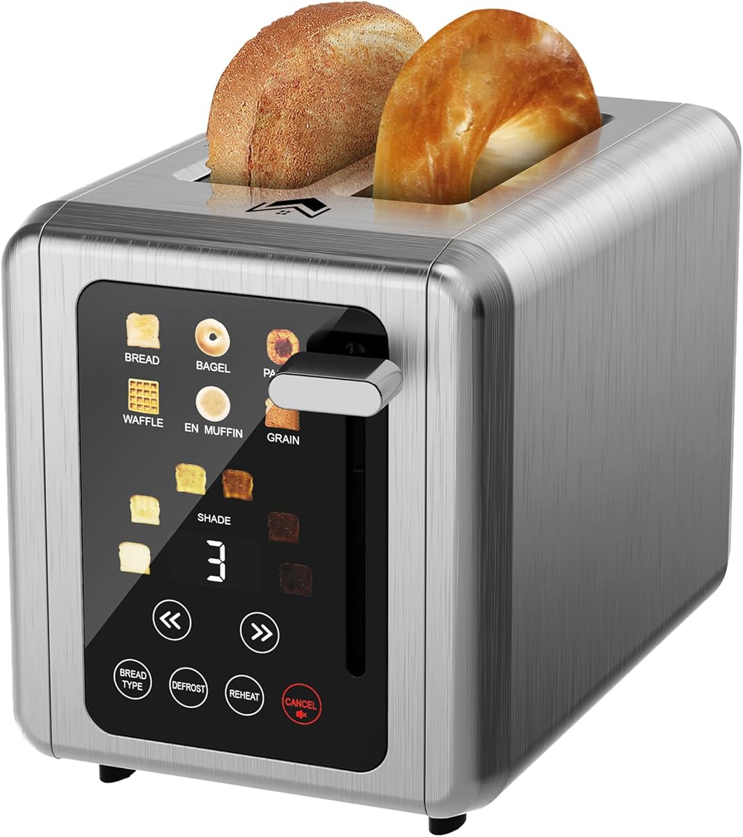 2 Slice Toaster,Touchscreen & Dual Independent Control Panel,5 Basic Functions & Digital Countdown Toasters,6 Shade Settings＆6 Bread Types,Smart Bread Maker Mute/Screen-Off,Titanium