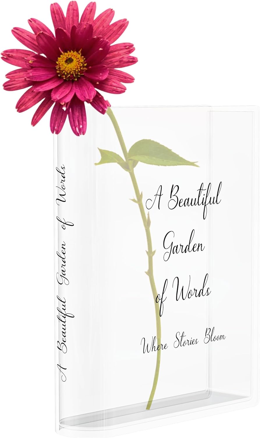 Skywin Acrylic Book Vase, Unique Book Vase for Flowers, Home Decor, Centerpieces, and Housewarming Gifts (Clear with Black Print)
