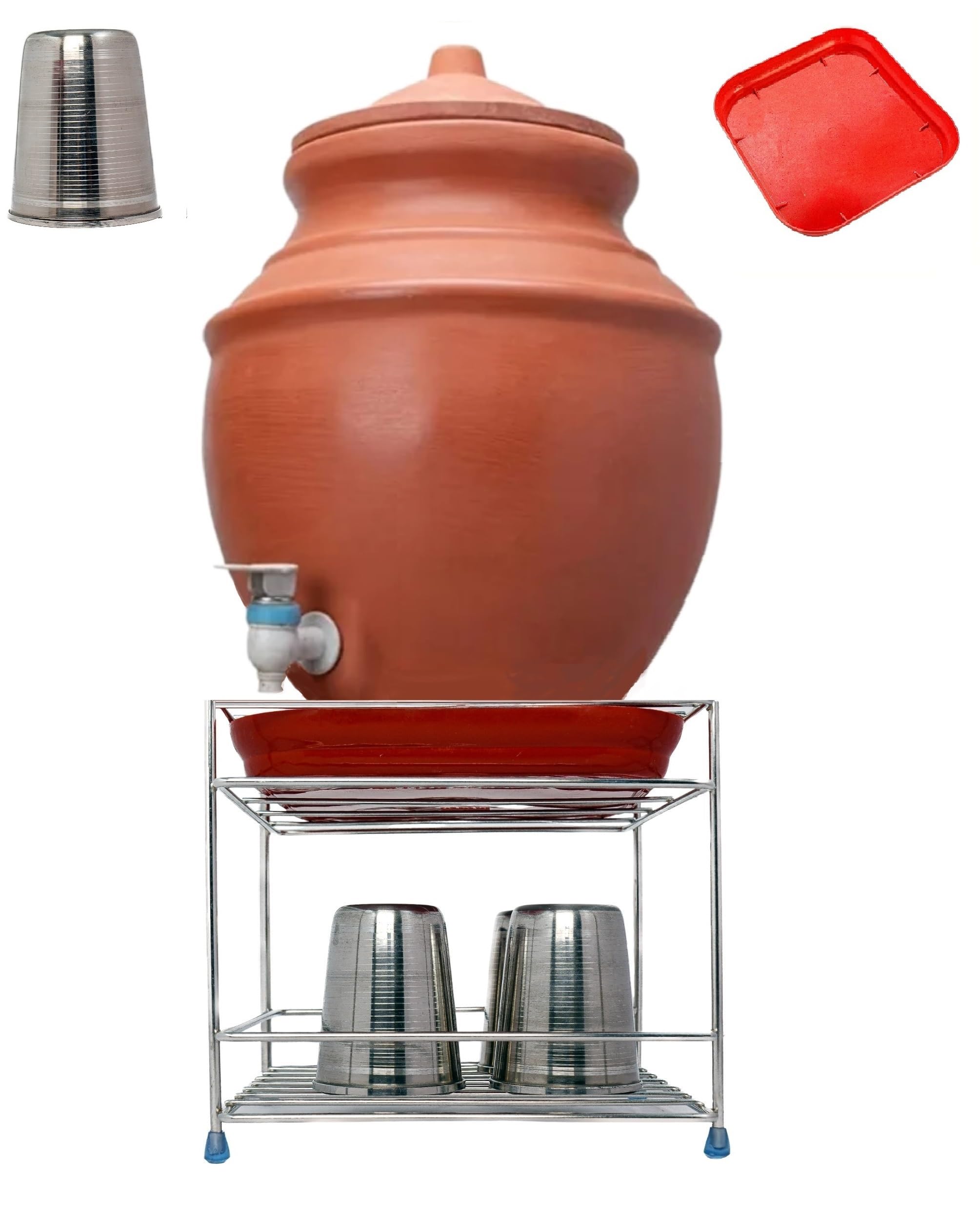 Heavy SS Matka Stand for Water Pot Dispenser Stand with (Free) 1 Glass 1 Tray for Water Jar Plant Flower Pot Stand for Home and Office Small Size 20x20x19cm - Flat Surface Stand