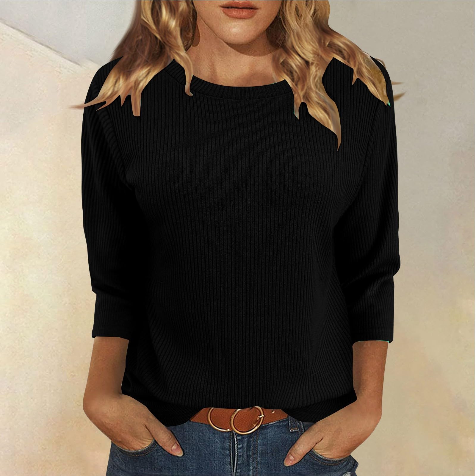 3/4 Arm Pullover Damen Rundhals Passform Basic top Lässige Longshirt
