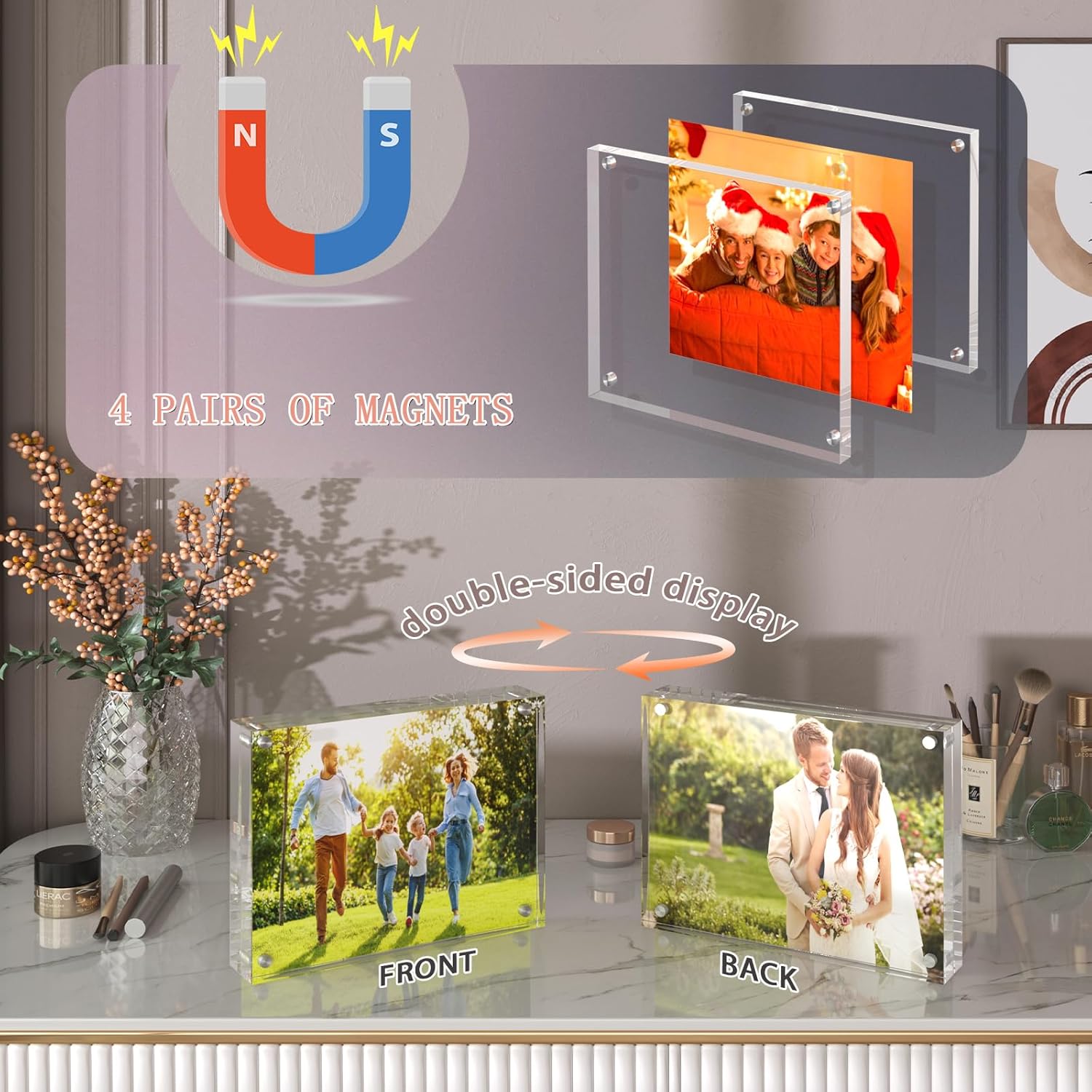 8.5x11 Acrylic Picture Frames, 24mm Thick Frameless Clear Double Sided Magnetic Frame with Free Standing Desktop Display Stand