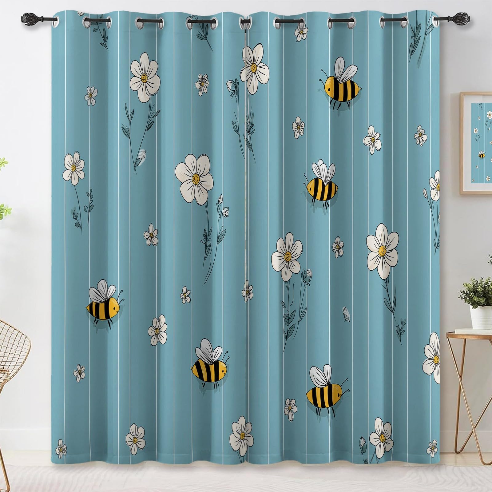 Zasłony zaciemniające na przelotkach, wys. 183 x szer. 117 cm (zestaw 2 szt.), żółte pszczoły w stylu kreskówkowym, izolujące ciepło zasłony do sypialni i salonu, jasnoniebieskie paski