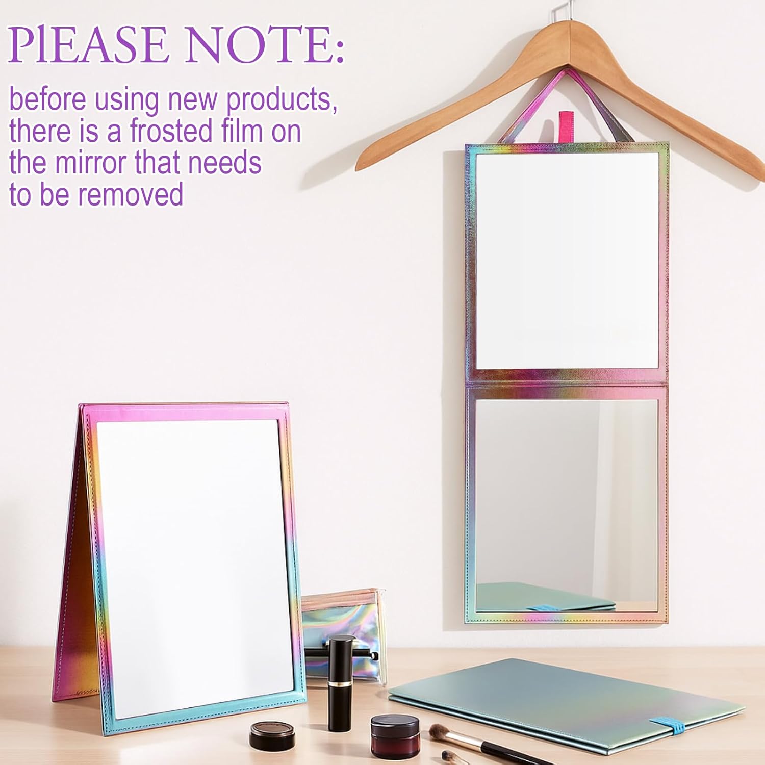 Chunful Foldable Backstage Mirror with Handle Holographic 33.5 X 13.4 Inch Folding Hanging Mirror Rectangular for Travel Dance Bag Home Fitness Spa Gift for Dancers(Dark Purple)
