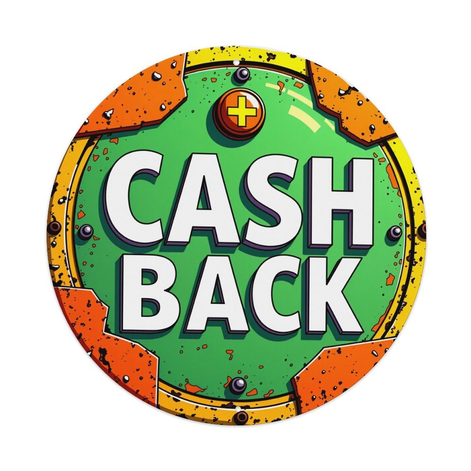 Cash Back Button Design Round Tin Sign Vintage Metal Poster, Home Bar Garage Man Cave Cafe Indoor & Outdoor Wall Decoration 8x8Inches