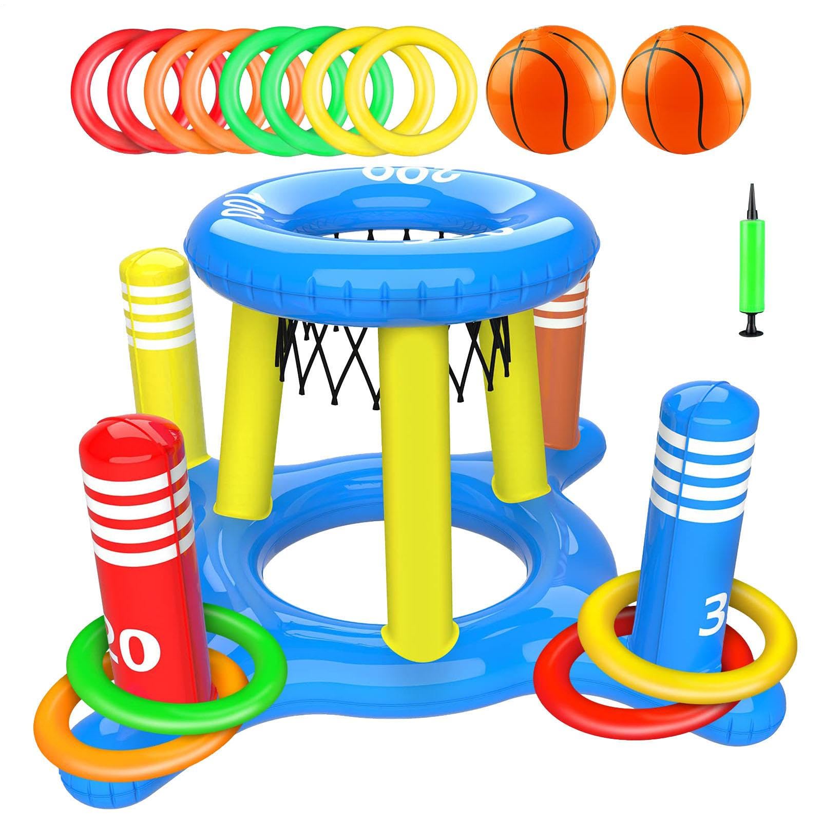 Pool Basketball Hoop – 2 In 1 Inflatable Water Game Set | Pool Toy With Basketball Hoop | 1 Cross Toss Game, 8 Toss Rings & 2 Inflatable Balls For Kids Adults Backyard Swimming Party Summer