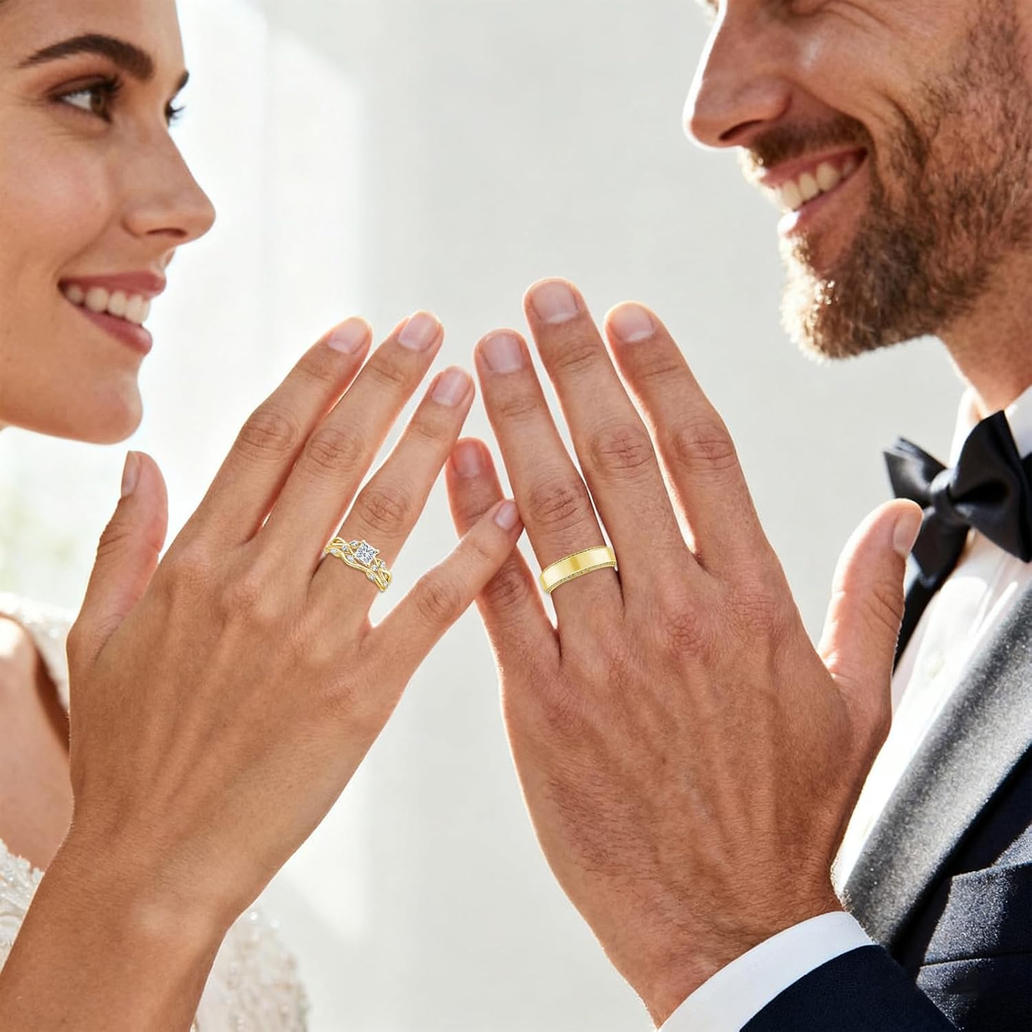 10K 14K 18K Yellow Gold Couple Ring Set, 3PCS Princess Cut Moissanite Couple Ring Sets for Men and Women, Infinity Matching Wedding Band Promise Rings for Him and Her