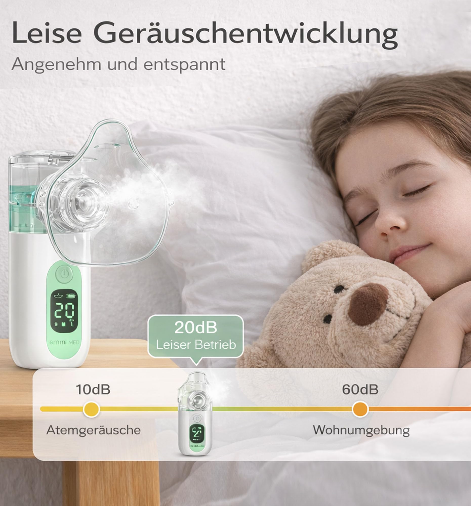 emmi MED - Inhalador para niños y adultos, pantalla LED, incluye 2 máscaras y 1 boquilla, función de limpieza automática, nebulizador, inhalador personalizable e ideal para viajes