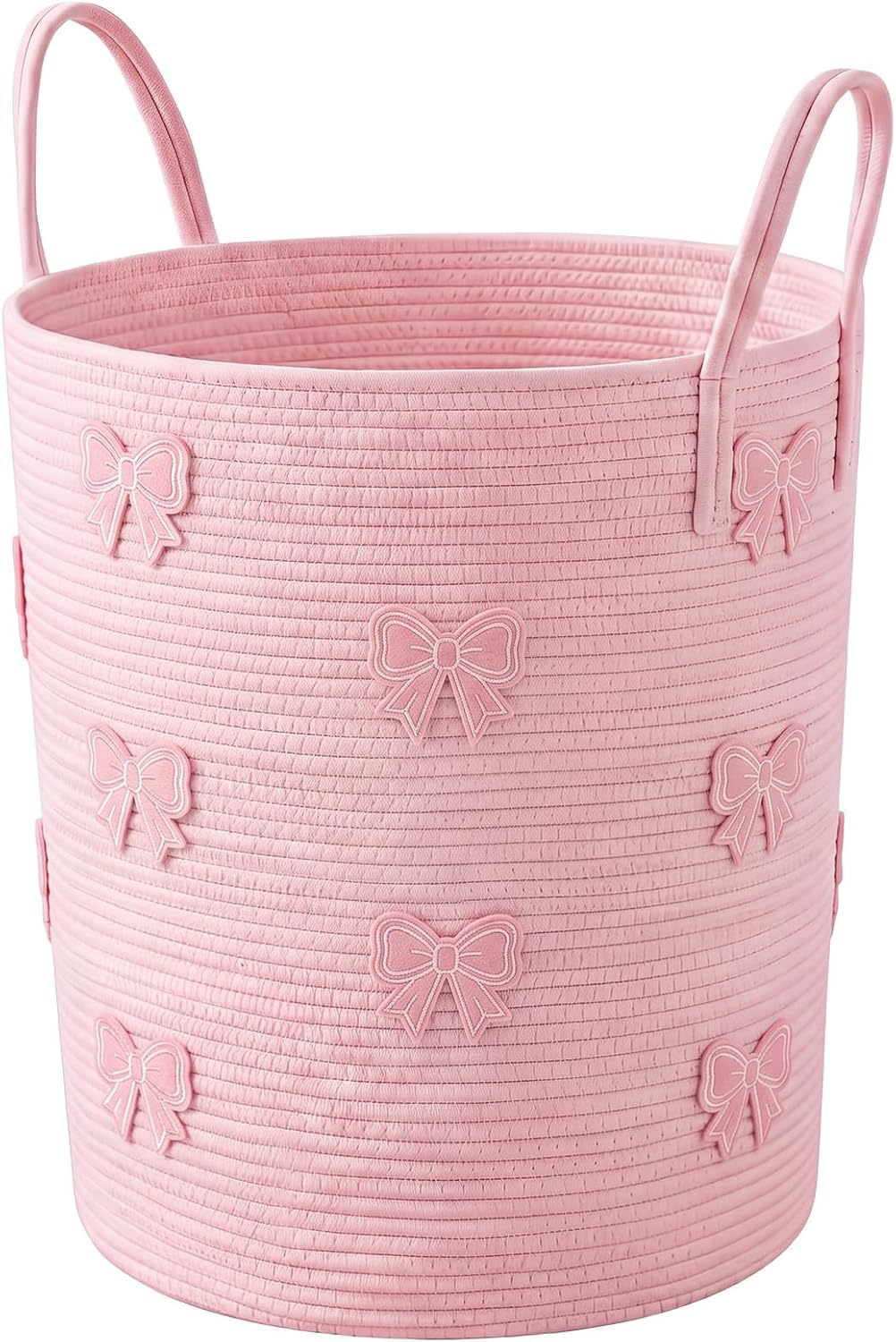 RattanView Pink Bow Cotton Rope Toy Basket Hamper for Girls Kids Nursery
