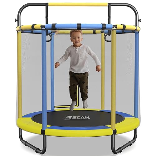 BCAN 55" Trampoline for Kids with Thickened Enclosure Net, Toddler Trampoline Indoor/Outdoor with Adjustable Gymnastics Bars & Basketball Hoop,Gifts for Boys & Girls Ages 1 to 8
