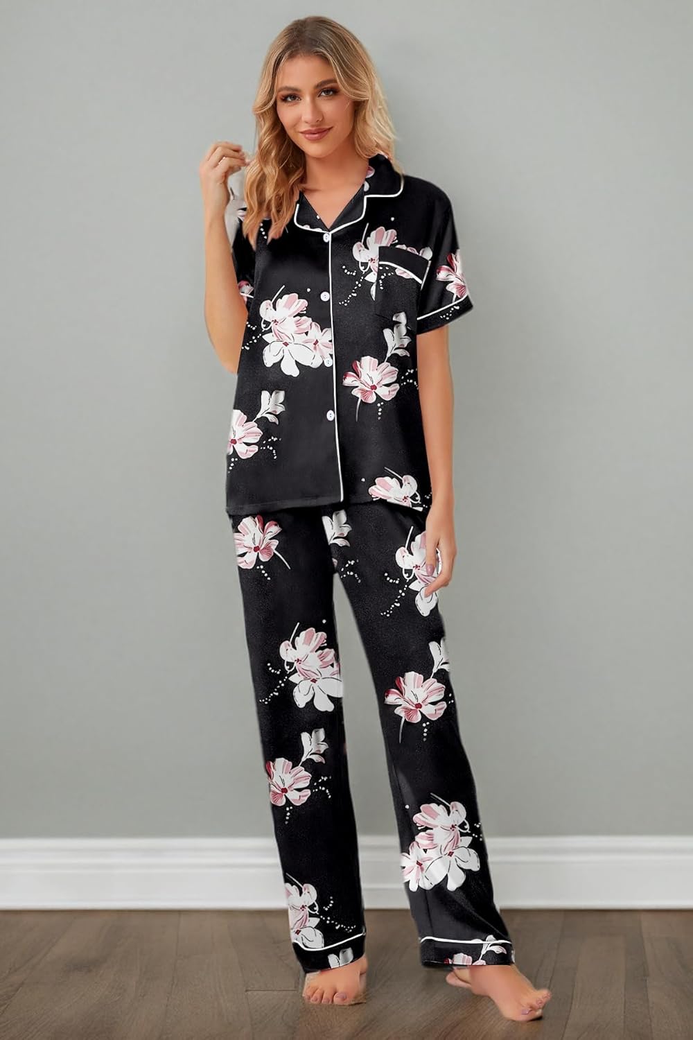 Umeyda Girls Womens Pajamas Set, Satin Silky Button Down Loungewear 2 Piece Short Sleeve Pants PJS Sets for Mommy Kids - Image 8