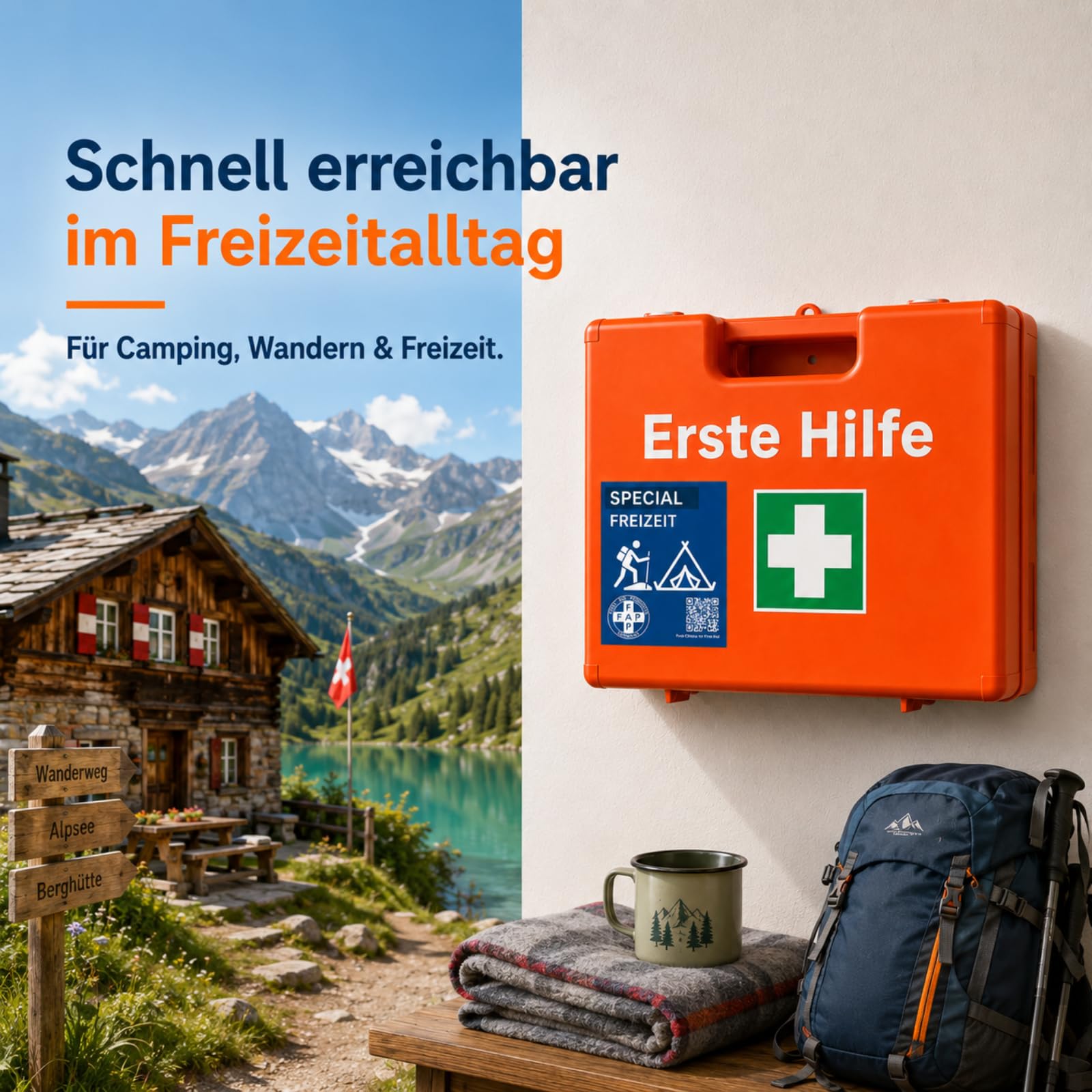 FAP Erste-Hilfe-Koffer Freizeit DIN 13157 gefüllt - orange | Burngel & Kühlspray| Wandern Jugendherberge Pfadfinder Ferienlager Verein Outdoor Camp, Betriebsverbandkasten Wandhalterung -33×42×15 cm