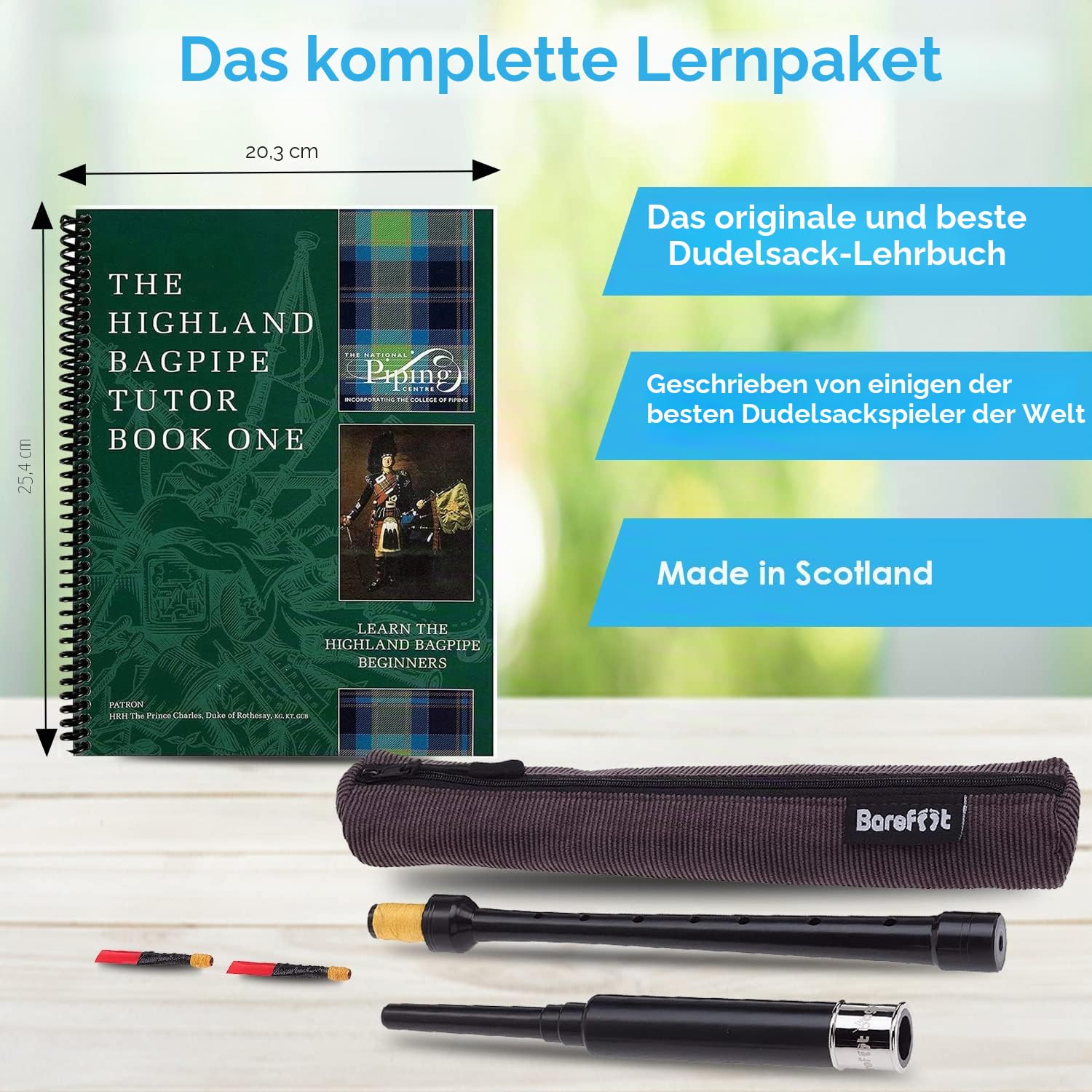 Dudelsack-Praxis-Chanter 45,7 cm, vernickelt, gravierte Hülse für Dudelsäcke, Lehrerbuch, 2 Dudelsack-Übungsblätter, Taschenpfeifen für Anfänger, Erwachsene