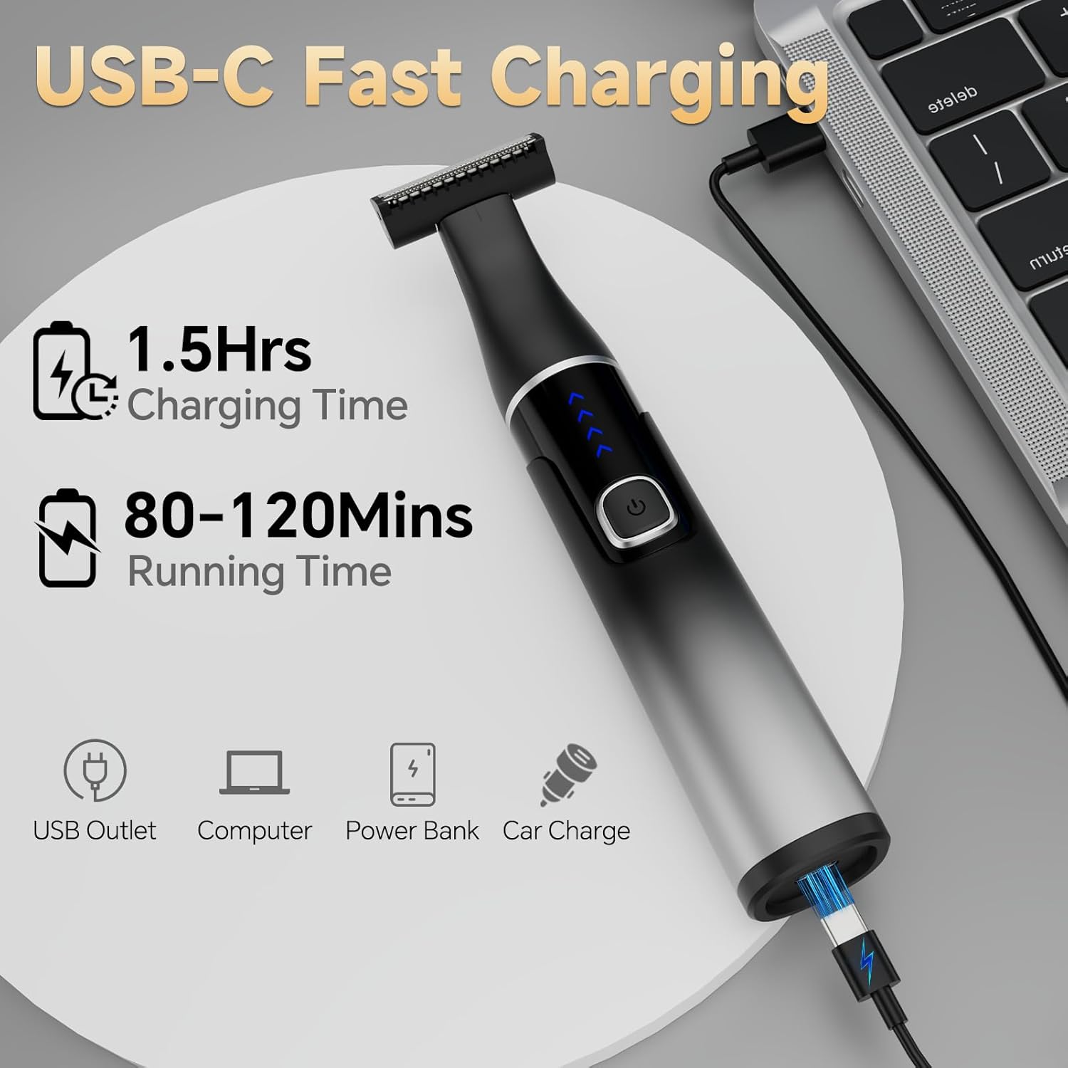 SilkGlow 髭&amp;鼻毛トリマー 男性用 3イン1充電式ボディヘア電気シェーバー、痛みのない防水眉毛トリマー、調節可能な回