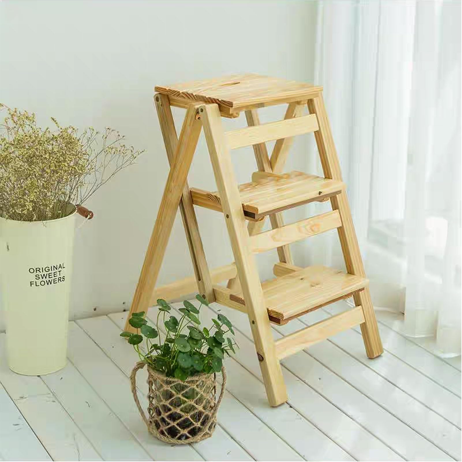 Escabeau pliant en bois avec étagère multifonctionnelle maison
