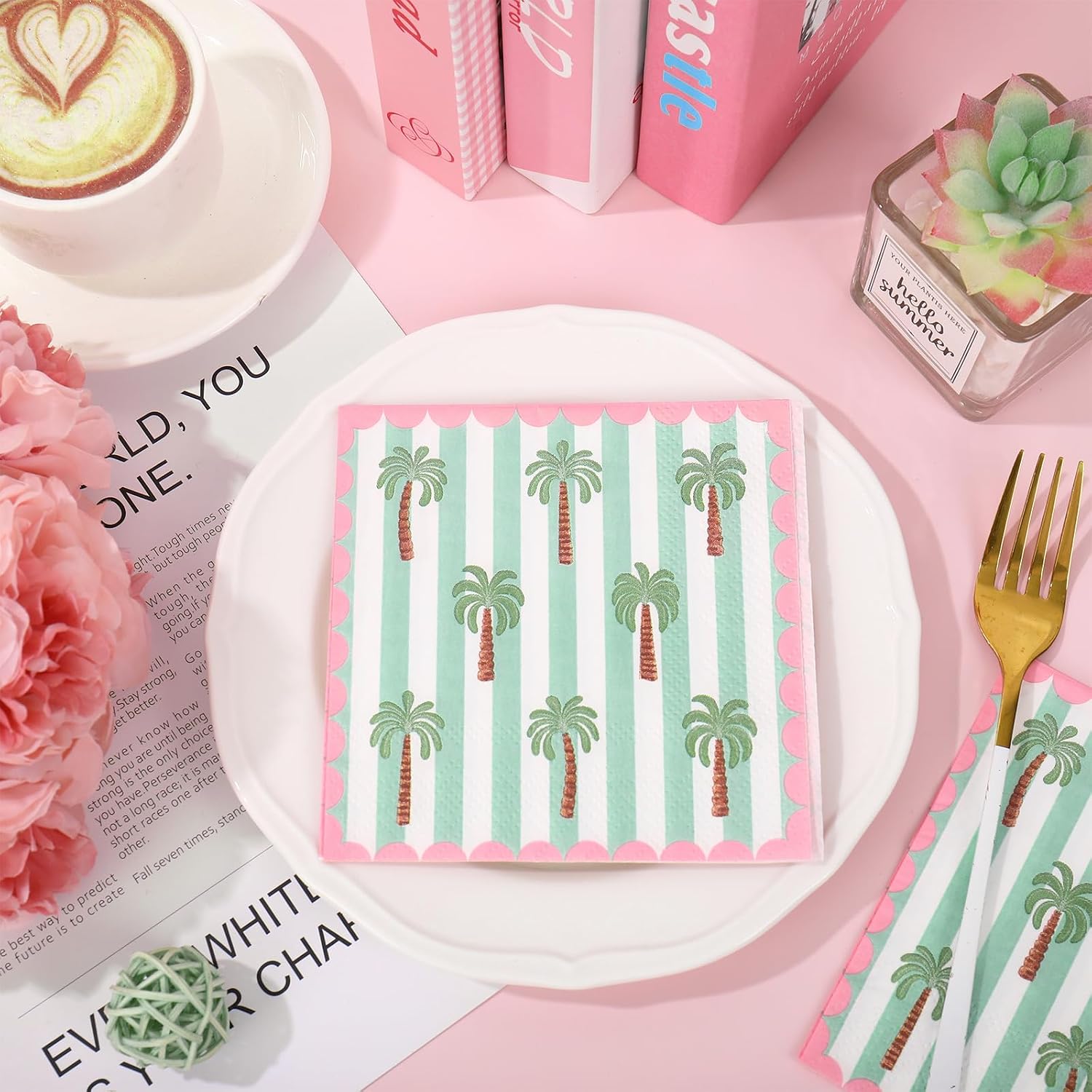 JarThenaAMCS 50Pcs Tropical Palm Tree Cocktail Napkins 3-ply Summer Luau Pink Green Stripe Disposable Paper Beverage Napkins for Hawaiian Beach Party Bridal & Baby Shower Supplies Table Decor