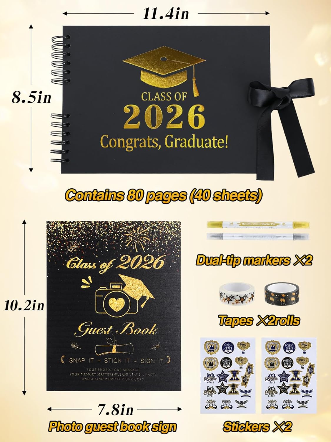 2026 Graduation Guest Book Scrapbook Set - 80 Pages Signature Photo Album with Dual-Tip Markers, Stickers, Tapes, Memory Book Sign for Class of 2026 High School College Grad Party Favors Gifts