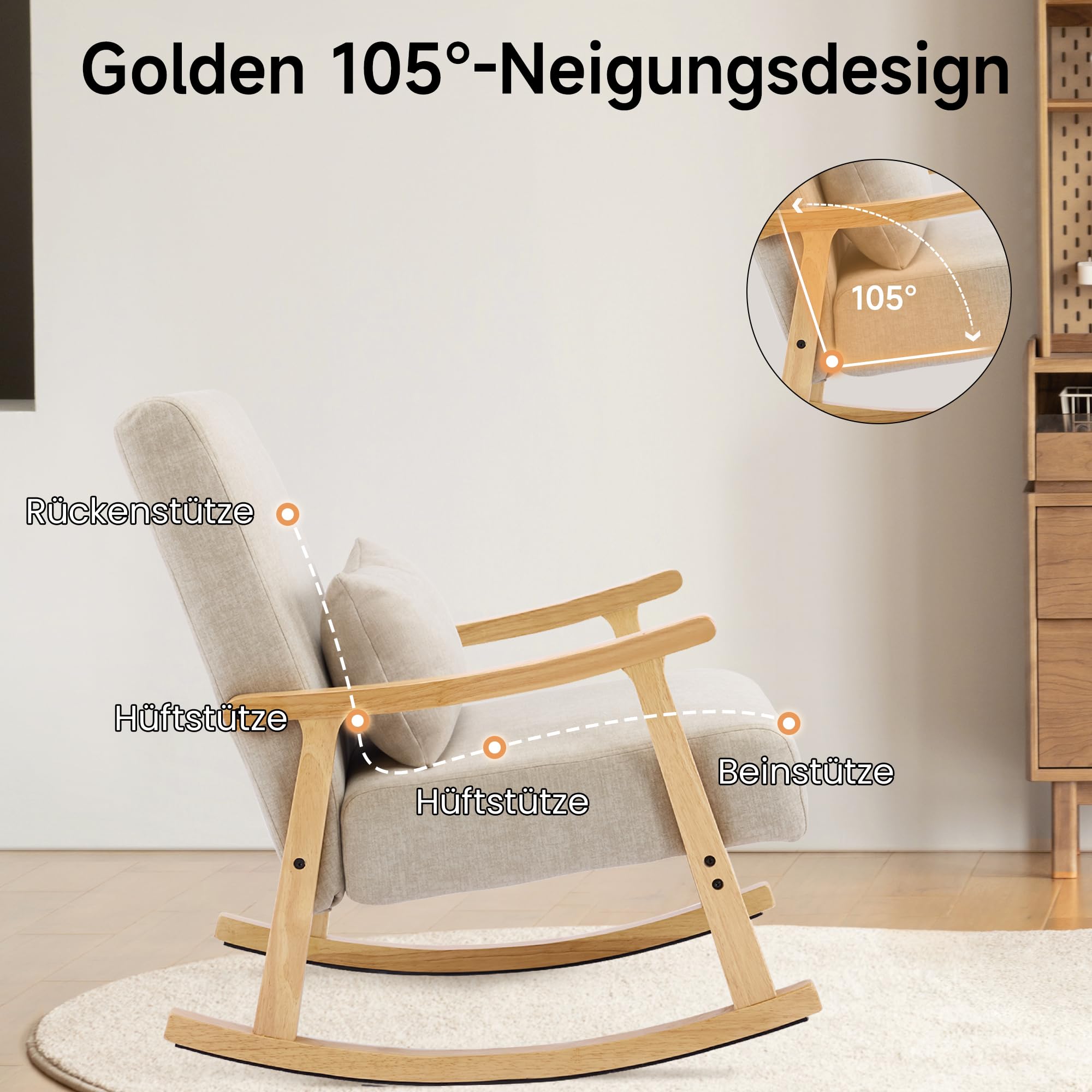 Schaukelstuhl, Schaukelsessel mit Lendenkissen, Stillsessel für Babyzimmer und Erwachsene, Stillstuhl mit Massivholzgestell, Rocking Chair für Wohnzimmer und Schlafzimmer,Hellgrau